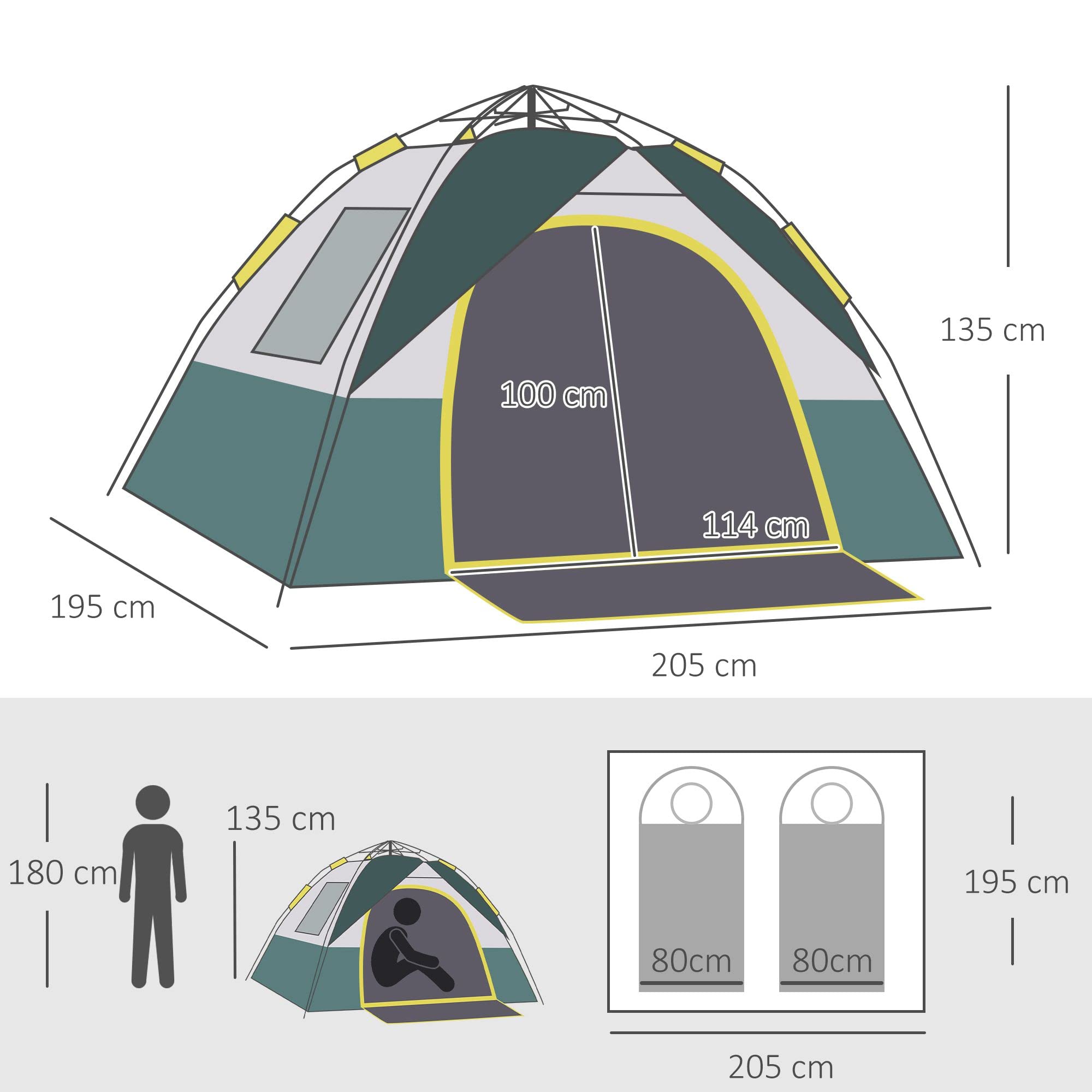 Outsunny Campingzelt für 3 Personen Pop-up Kuppelzelt mit Fenster | Packtasche, Haken, Bodenplane, Familienzelt, 1000mm Wassersäule, Zelt für Camping Reise Trekking Garten