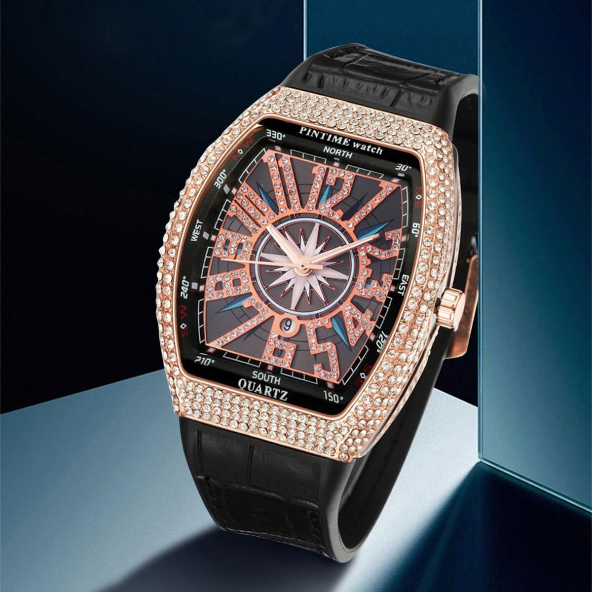 Gosasa Fashion Hip Hop Men's Crystal Watch Bling Bling Watch Rectangle Case Stainless Steel Quartz Analog Bracelet Wristwatch