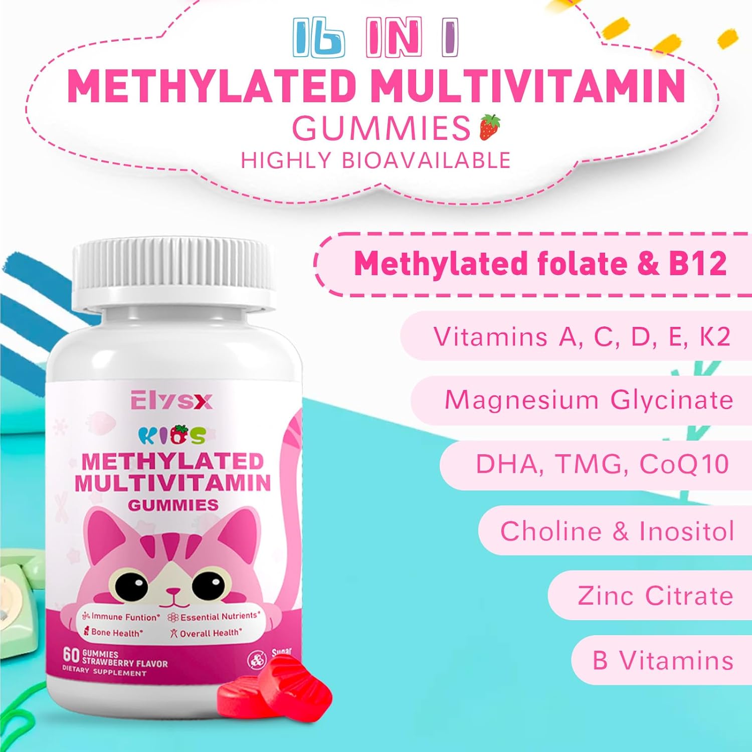 Kids Methylated Multivitamin Chewable Gummies, MTHFR Supplement with L Methylfolate, Magnesium, Biotin, Choline, Inositol, DHA, TMG & Coq 10, Immune & Brain Support, Strawberry Flavor, 60 Ct - Image 4