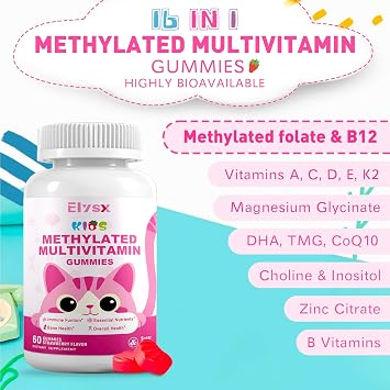 Kids Methylated Multivitamin Chewable Gummies, MTHFR Supplement with L Methylfolate, Magnesium, Biotin, Choline, Inositol, DHA, TMG & Coq 10, Immune & Brain Support, Strawberry Flavor, 60 Ct