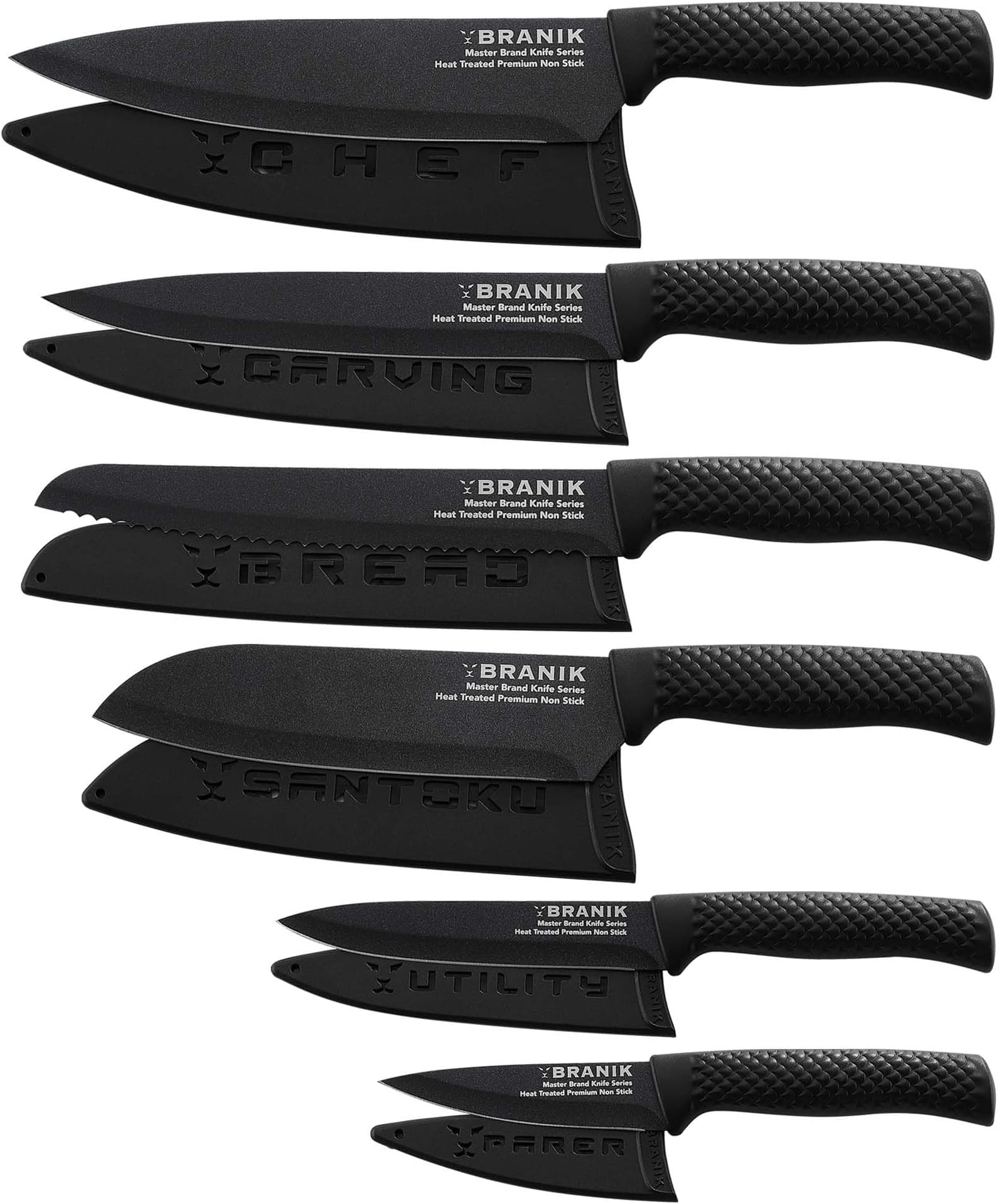 Titanium Series 6-Piece Kitchen Knife Set – Non-Stick Stainless Steel Chef Knives with Ultra-Sharp Blades, Ergonomic Handles & Protective Sheaths – Professional Kitchen Knives – Black
