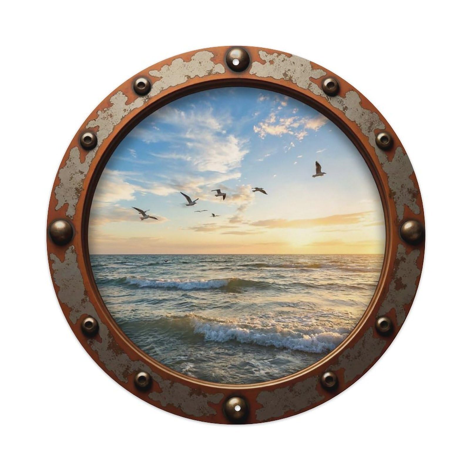 Vintage Porthole Seagulls Flight View Vintage Metal Tin Sign Plaque Wall Decor for Cafe, Club Bar, Office, Garden Metal Poster 8x8Inch