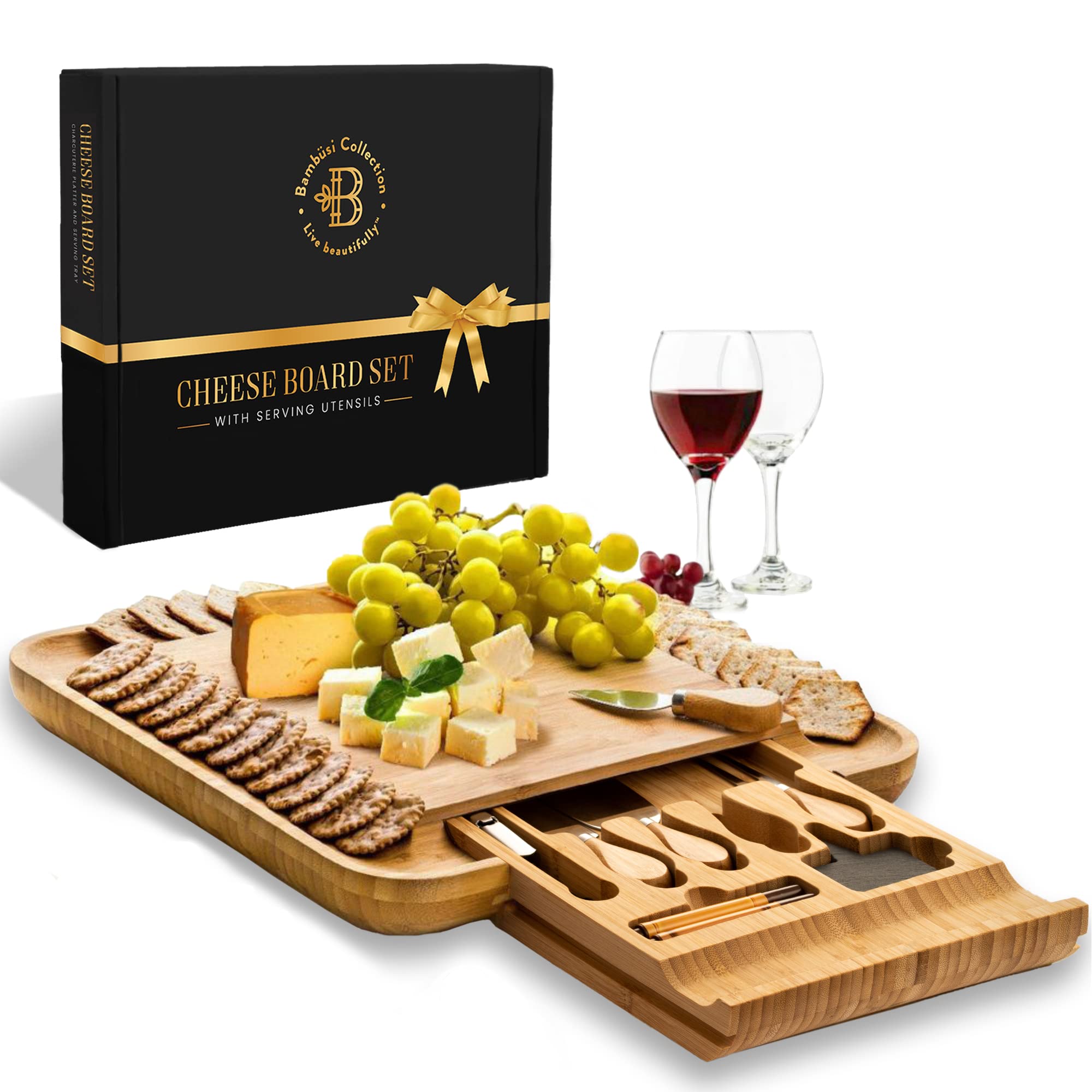 Bamboo Cheese Board Set: Large Charcuterie Boards Including 4 Stainless Steel Cheese Knife & Serving Tray - Mother's Day Gift, Wedding Gifts, Housewarming Gift Idea, Birthday Gifts for Women