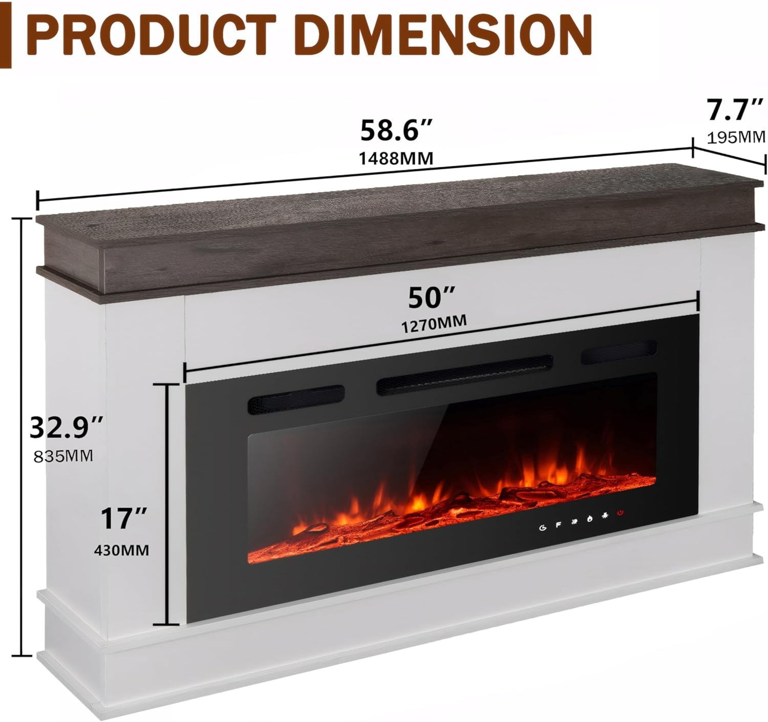 Electric Fireplace Inserts Freestanding Heater for The Living Room Floating Fireplace with 12 LED Colors with Logset and Stones,1500W/750W (50inch with Mantel,White) White 50inch with Mantel