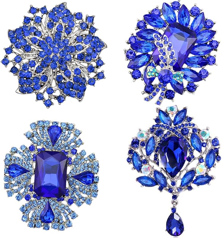 Ezing 4pcs Big Blue Crystal Silver Plated Brooch for Wedding Bouquet