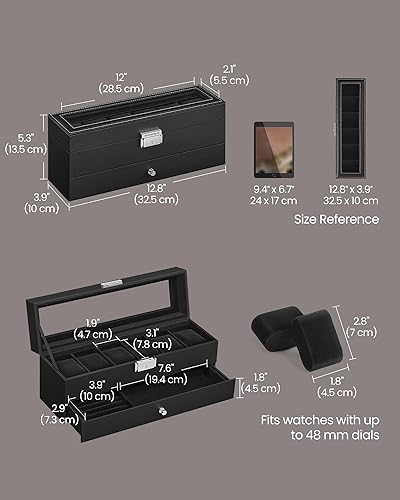 Vista 61 de SONGMICS Caja de reloj, organizador de 20 ranuras para reloj con tapa de vidrio grande, almohadas extraíbles, cerradura de metal, regalo para seres