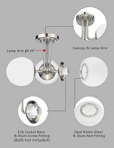 Miniatura 5 de Hanaloa Lámpara de techo semiempotrada de 3 luces, níquel cepillado, lámpara de araña moderna de globo, iluminación Sputnik para cocina, dormitorio,