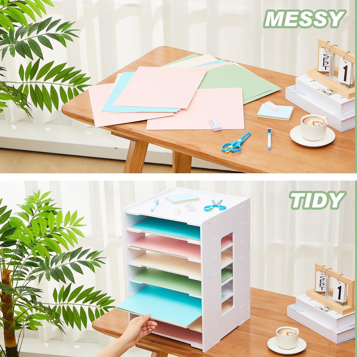 Juexica Scrapbook Paper Organizer 8 Tier File Holder for Desk 12 x 12 Stackable Paper Trays Desktop File Organizer for Home Office School Decorations, White