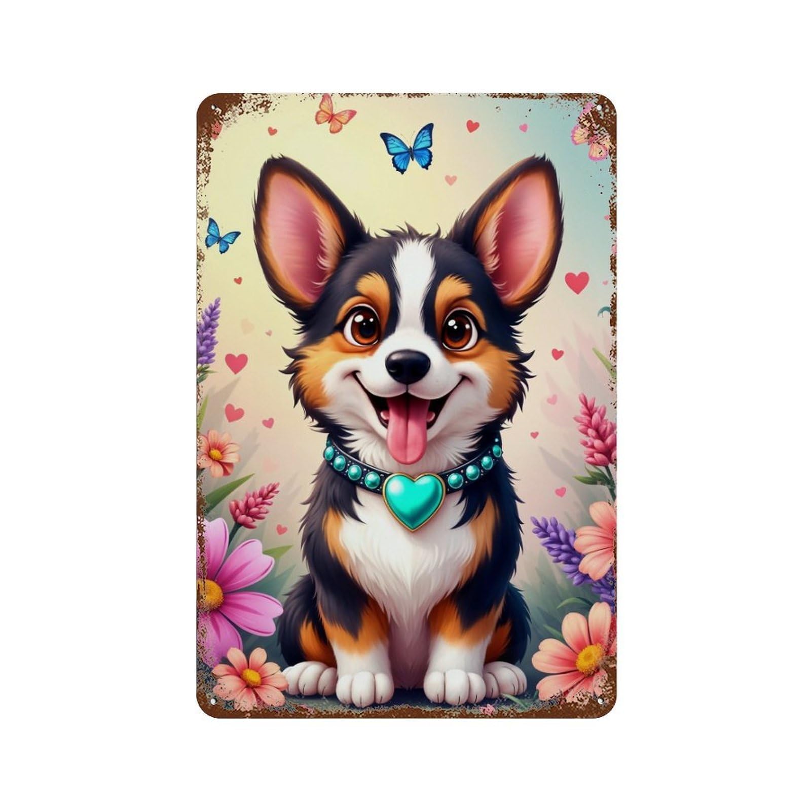 Adorable Corgi with Heart Collar Decorative Tin Sign 11.8"x7.9", Vintage Wall Decor for Basement, Hobby Room And Garage Decor