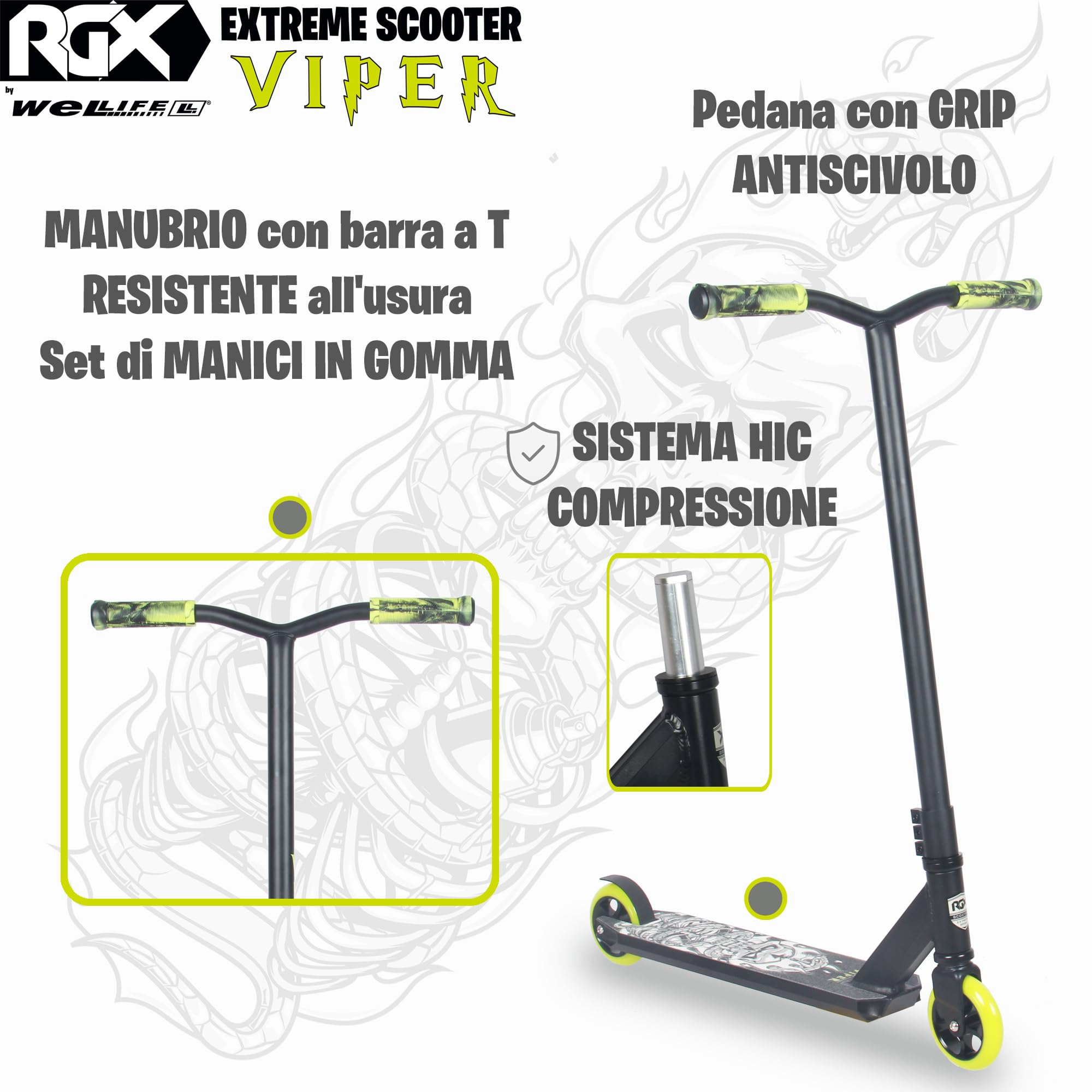 WeLLIFE Monopattini Freestyle Viper RGX – Monopattino Freestyle Professionale, Manubrio HIC System, Ruote PU 110mm e Cerchi in Alluminio, Cuscinetti Abec9, Monopattino Acrobatico per Adulti e Bambini