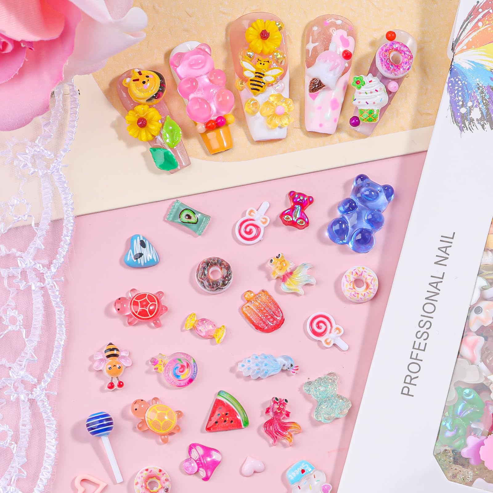 Zestaw 250 szt. kawaii 3D cukierkowe zawieszki do paznokci, Y2K kreskówka żelki niedźwiedź pszczoły owoc ananas słodkie cukierki lizak pączek lody urocze serce gwiazda kokardki mieszane kolory