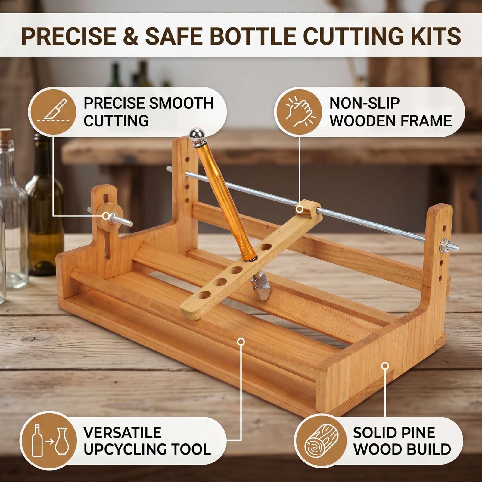 Glasflaschenschneider, Massives Kiefernholz, Rutschfest, Stabil, mit Komplettem Hardware-Zubehör und Schneidfunktion für DIY-Glasflaschen-Upcycling, Bastelherstellung.