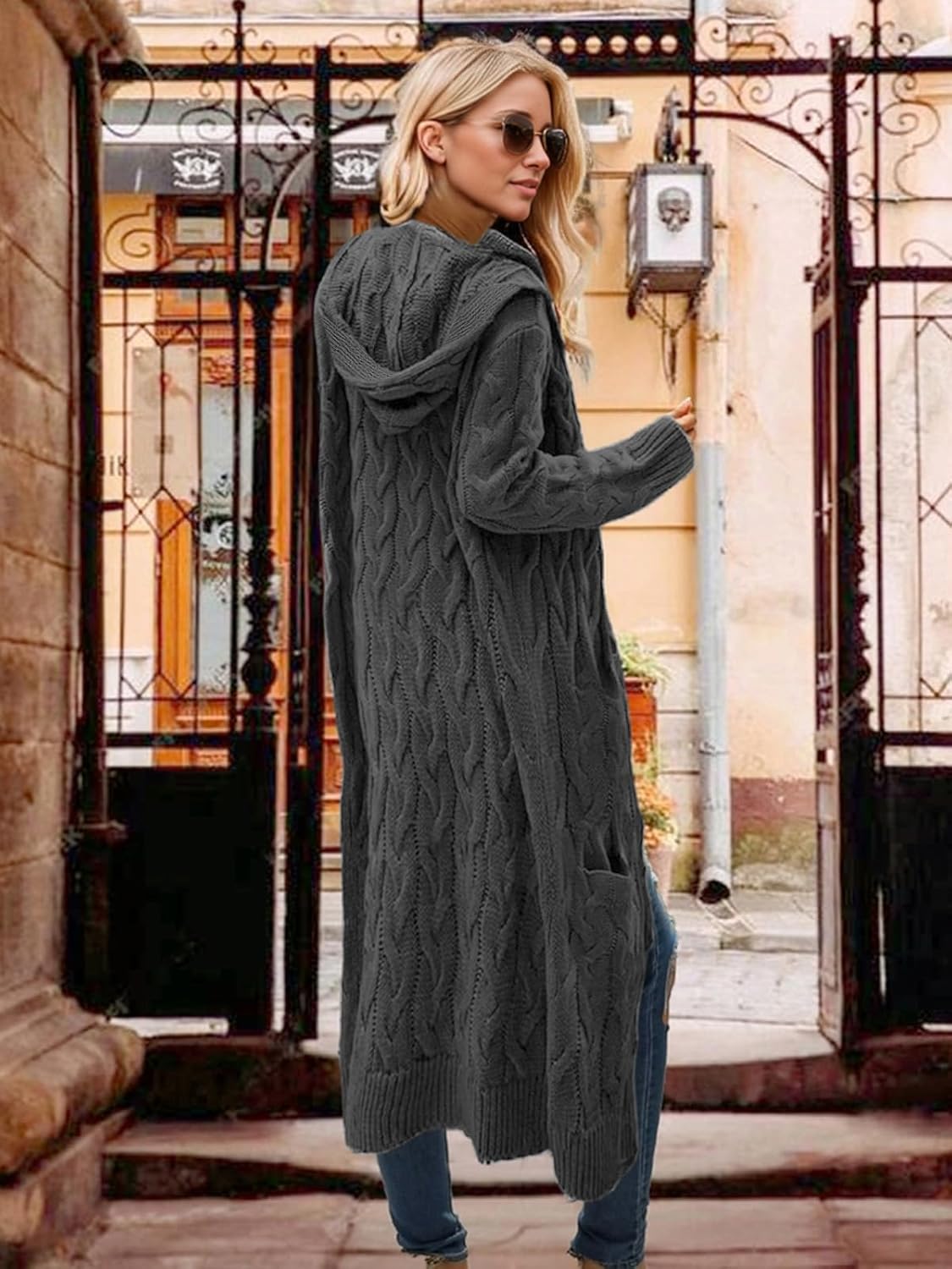 Lightweight Hooded Open Front Cardigan Sweaters for Women Oversized Cable Knit Sweaters Pocketed Trendy Long Cardigans - Image 2
