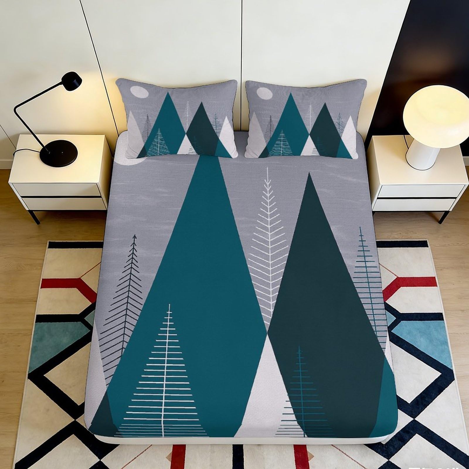3D Printed Nordic Mountain Fitted Sheet Microfiber Grey Blue Forest Mattress Cover for Bedroom Guest Room Decor 90x200x25cm