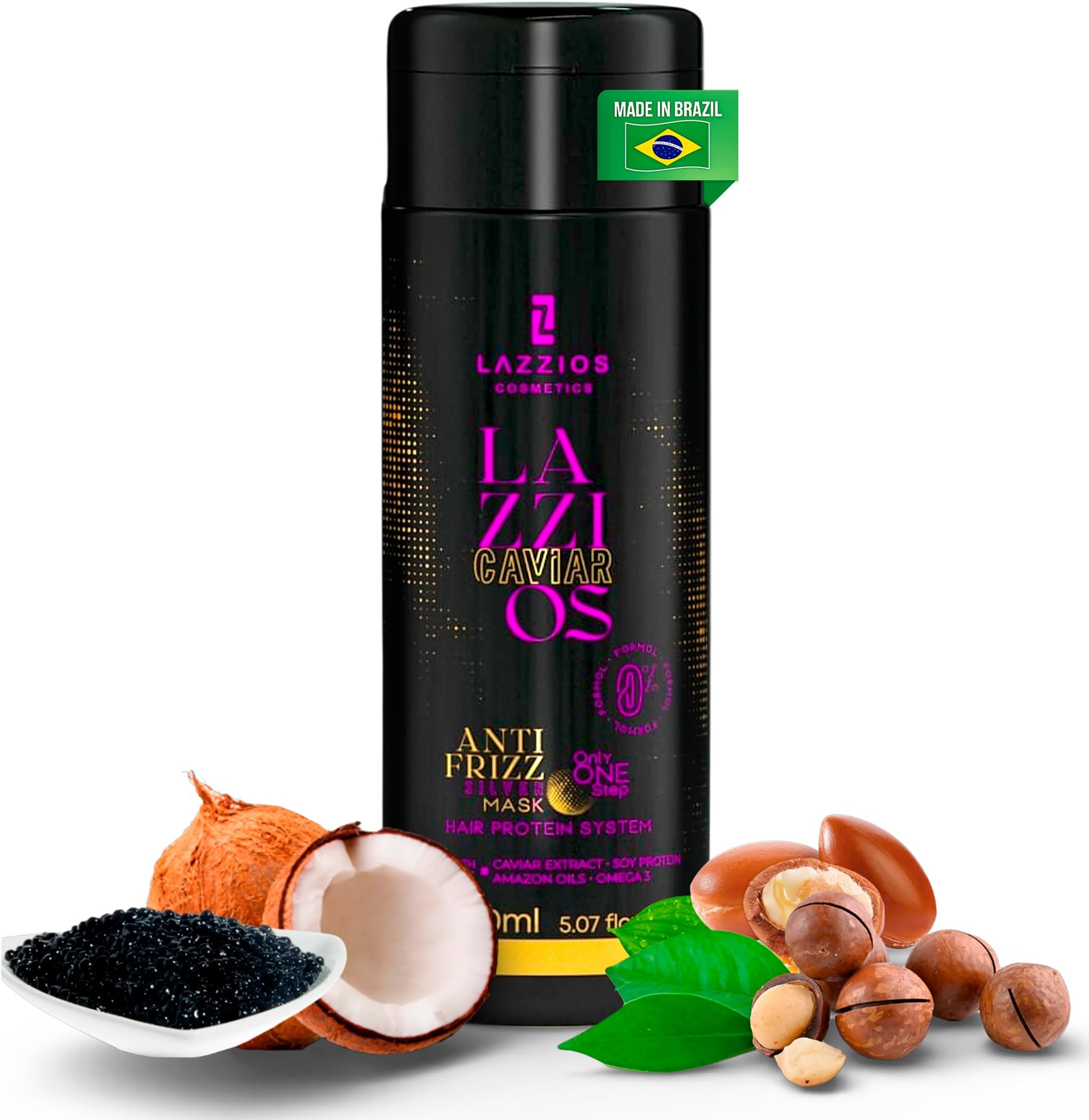 Lazzios Caviar Organic Hair Protein - Formaldehyde Free Brazilian Keratin Hair Treatment - Professional Hair Straightening - Keratina para Alisar el Pelo - Argan Oil - Non-Toxic - Anti Frizz - 150ml