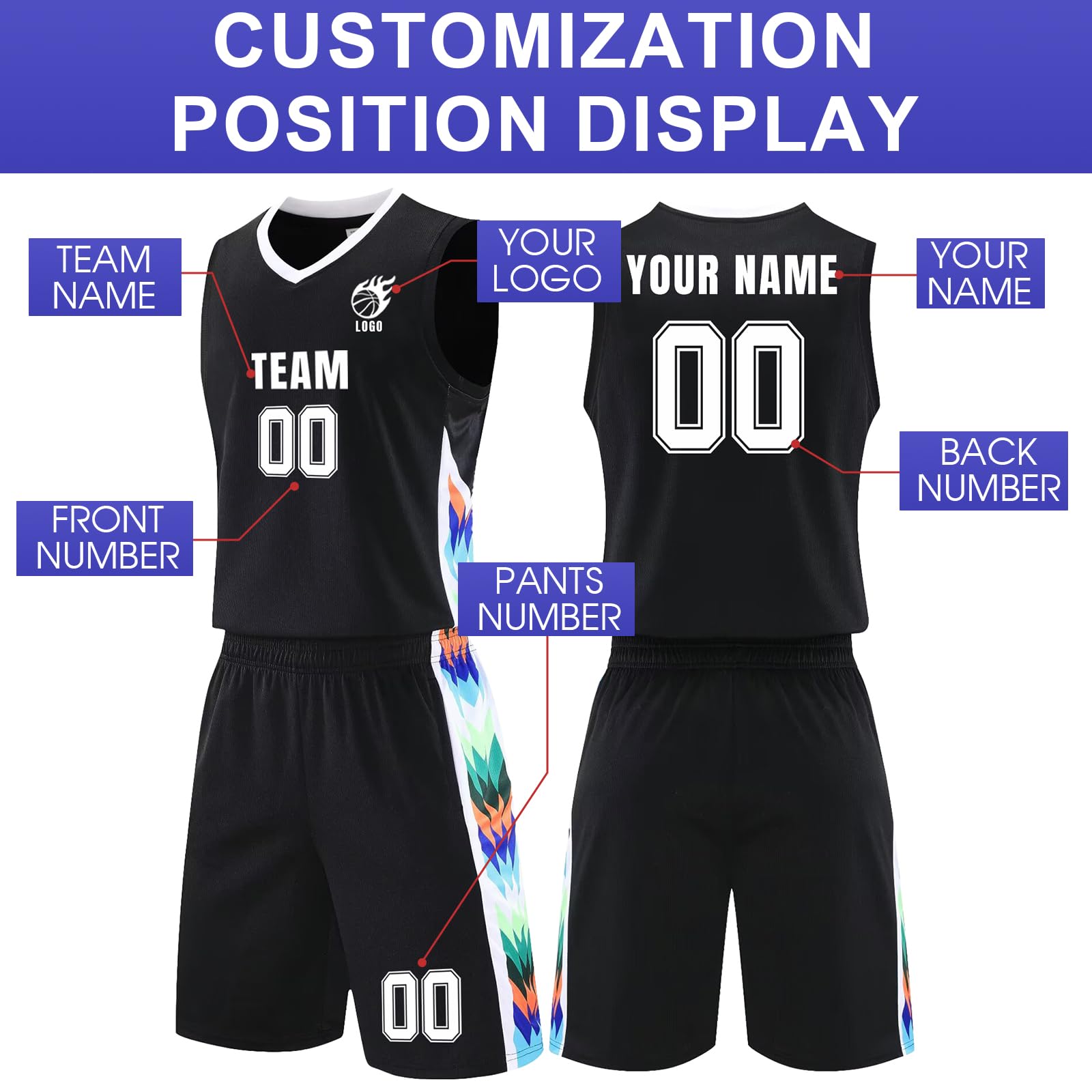 Basketball Trikot Kinder Herren Personalisiert Namen Nummer Team Logo