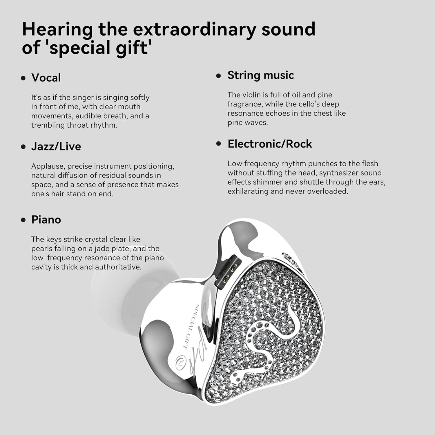 EZ EAR SPA-SG in Ear Monitor,10MM PEEK+PU Composite Diaphragm Inner-Magnet DD HiFi Wired Earbuds in Ear Earphones,Crystal Diamond Surface IEMS for Musicians Singers Audiophiles,on Stage