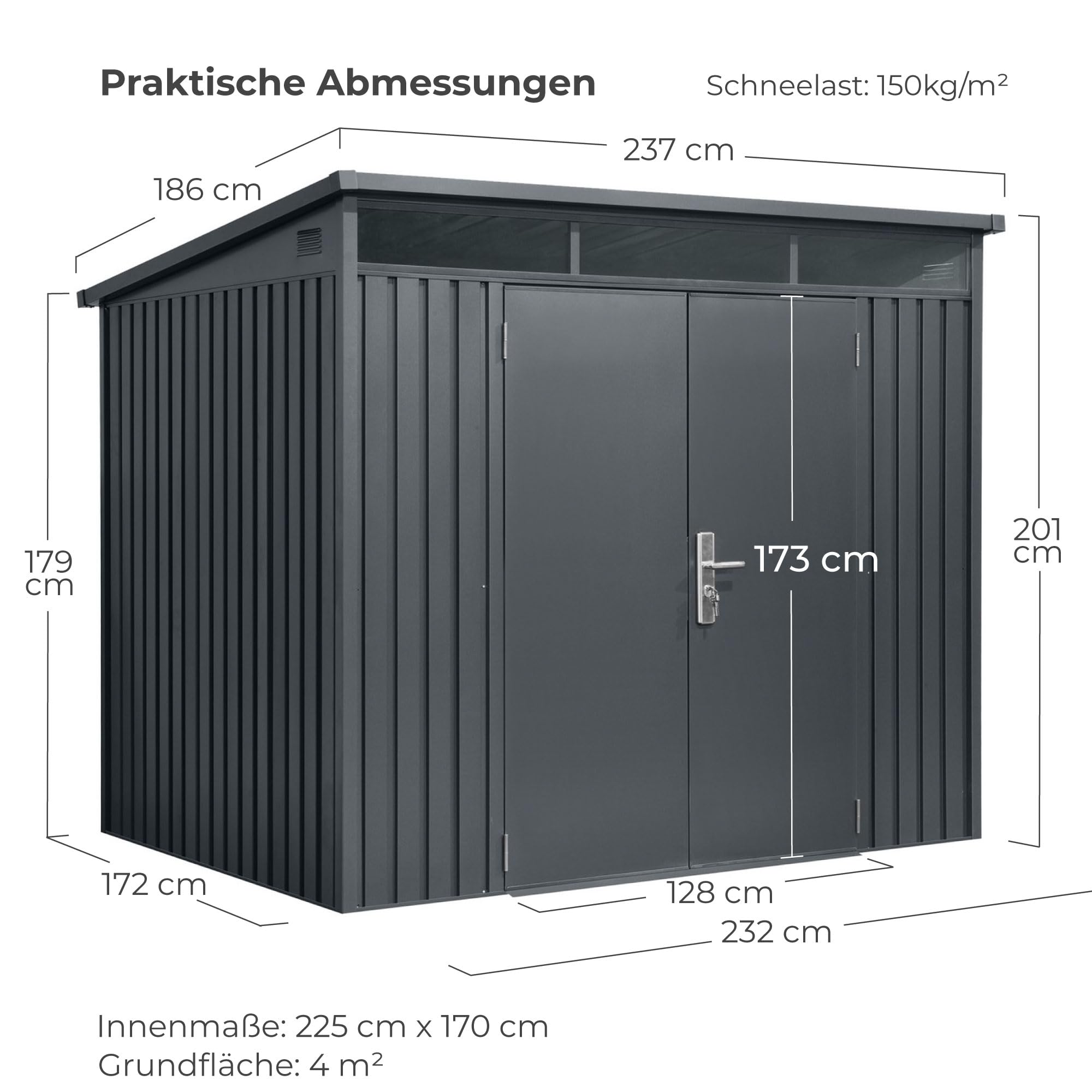 Gerätehaus Metall pulverbeschichtet anthrazit Pultdach 237x186x201/179 cm Tageslichtfenster Gasdruckdämpfer Schloss Lüftungsgitter 4m²