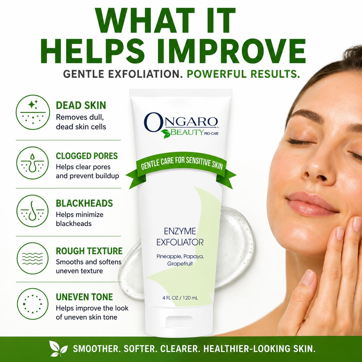 Ongaro Beauty ekologiczny peeling enzymatyczny; delikatnie usuwa obumarły naskórek, najlepszy środek do czyszczenia skóry twarzy zapobiegający starzeniu się skóry z technologią probiotyczną, aloes, komórki macierzyste jabłka i peptydy; 4 oz