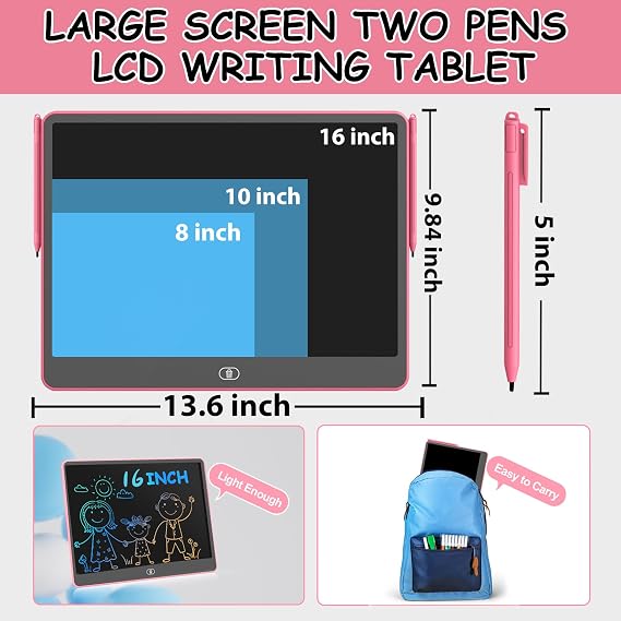 Two Pens, 16 Inch Drawing Tablet, LCD Writing Tablet, Portable Drawing Board, Wipeable and Reusable Magic Board, 3-8 Birthday Gift for Girls and Boys (Pink)