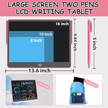 Two Pens, 16 Inch Drawing Tablet, LCD Writing Tablet, Portable Drawing Board, Wipeable and Reusable Magic Board, 3-8 Birthday Gift for Girls and Boys (Pink)
