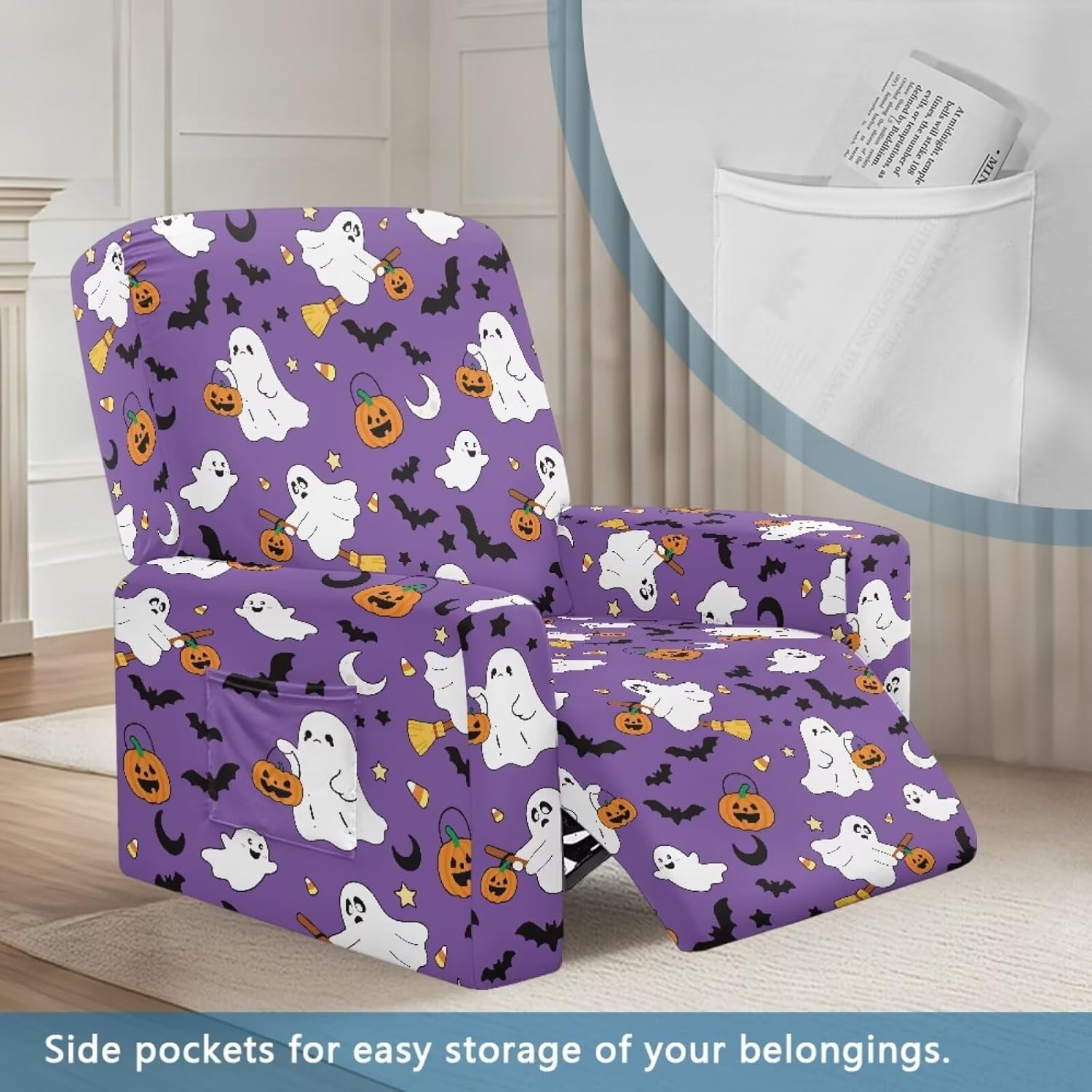 Recliner Slipcover Stretch Fabric Reclining Chair Protector for Single Seat Lounge Armchair Halloween Ghost Bat Pumpkin Print Anti-Dust Furniture Cover