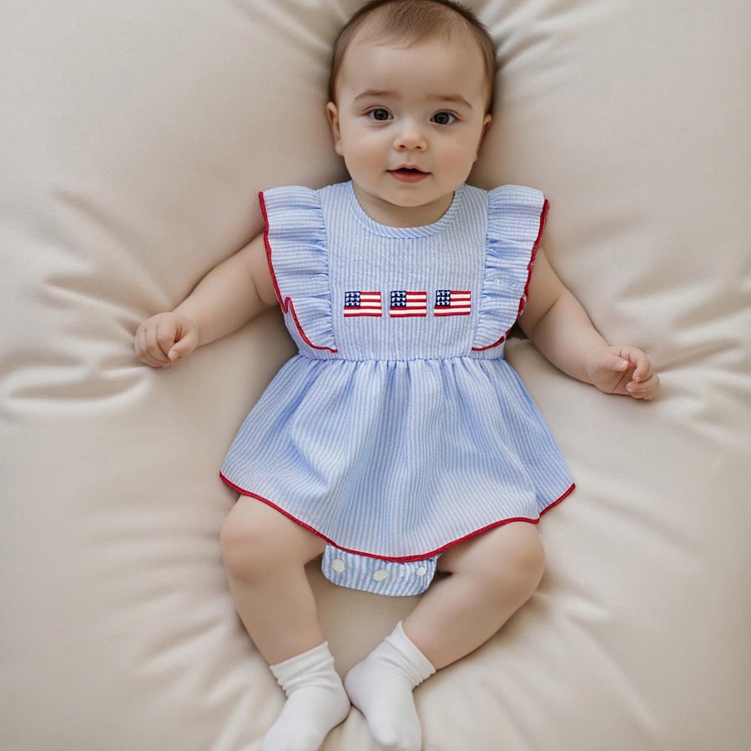 Baby Girl 4th of July Outfits Newborn Smocked Bubble Romper Bodysuit Ruffle American Flag Memorial Day Outfit - Image 2