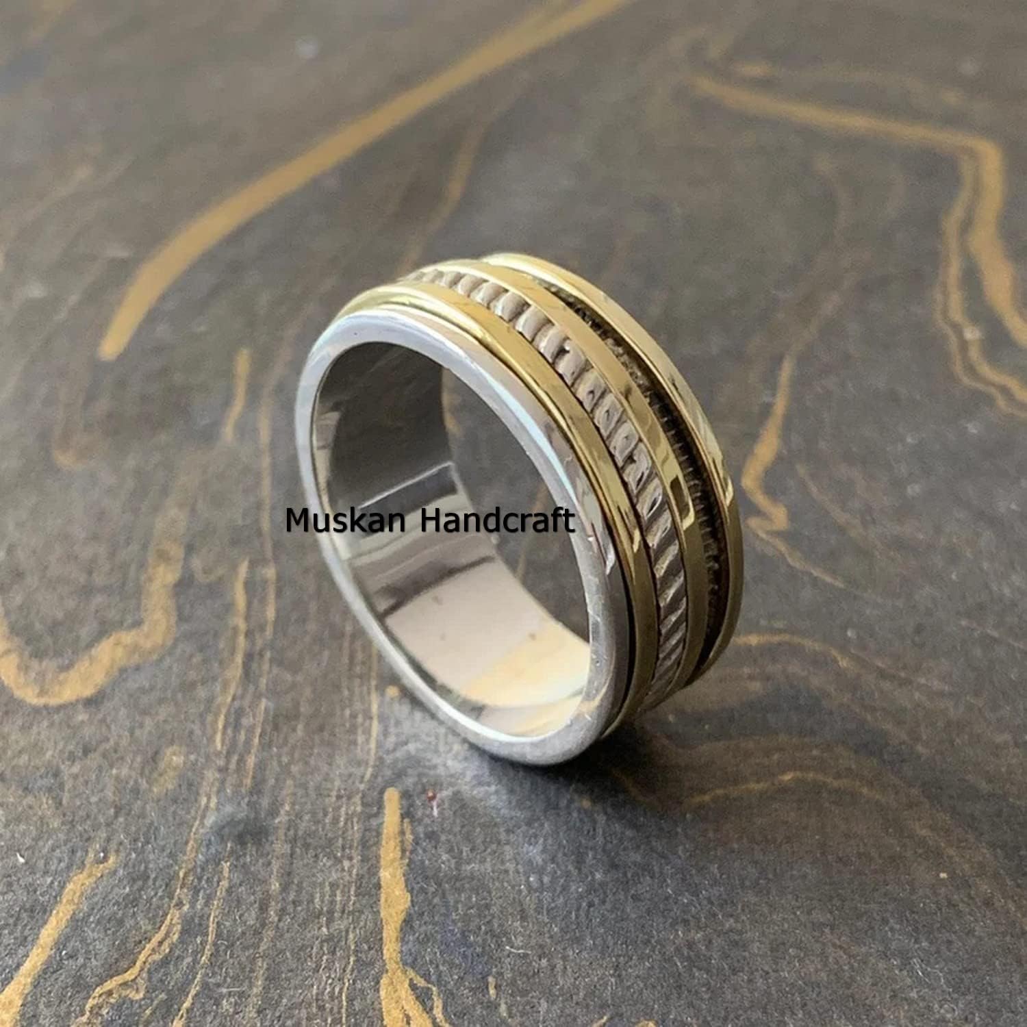 Solid 925 Sterling Silver Handmade Spinner Band Ring/Two Tone Spin Anxiety Fidget Meditation Ring/Anniversary Ring For Men Women