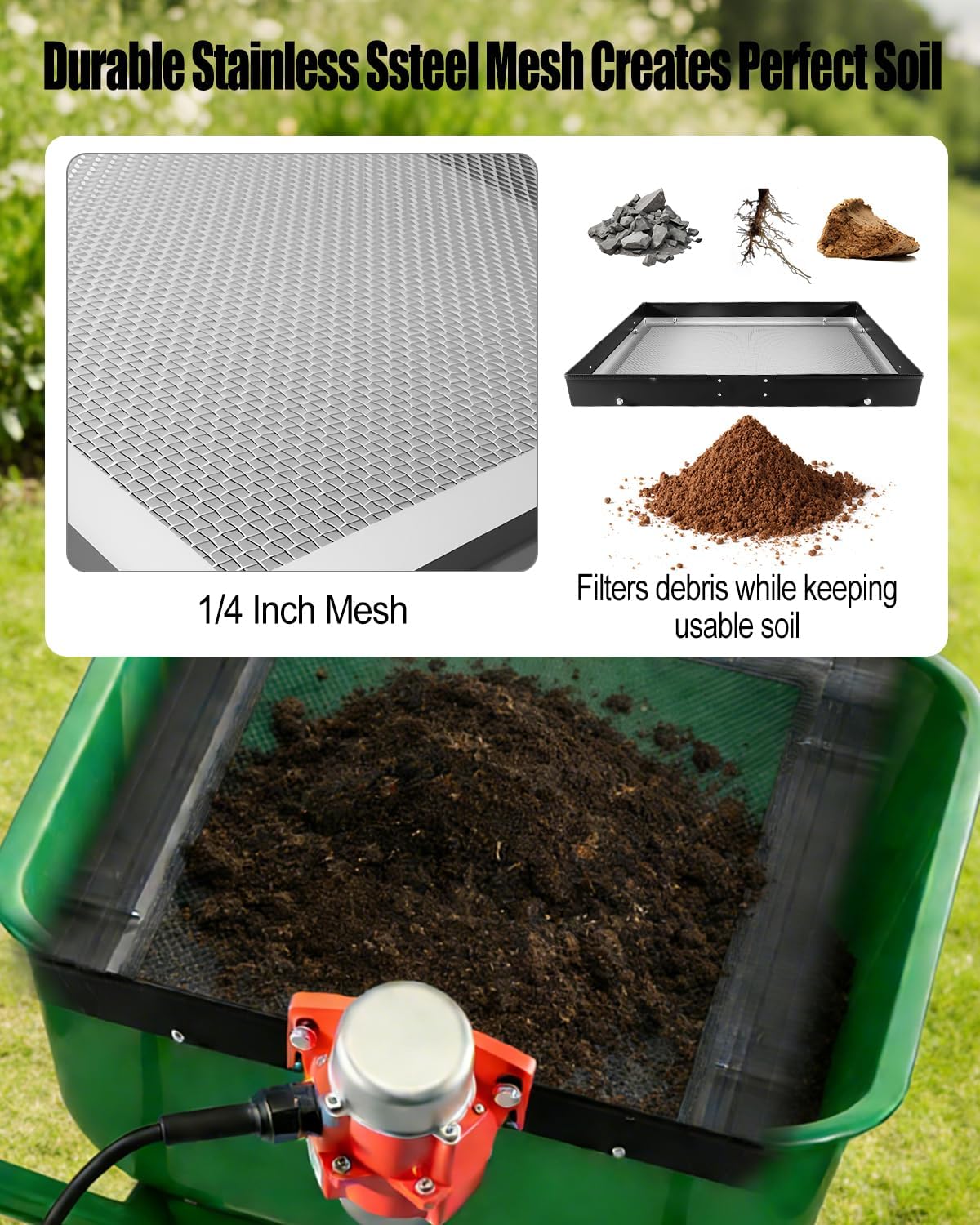 Soil Sifter with Vibration Motor, 30W Metal Automatic Screening Machine, 1/4" Mesh Sieve for Sand Rocks Dirt Compost, Fits Most Garden Wheelbarrows