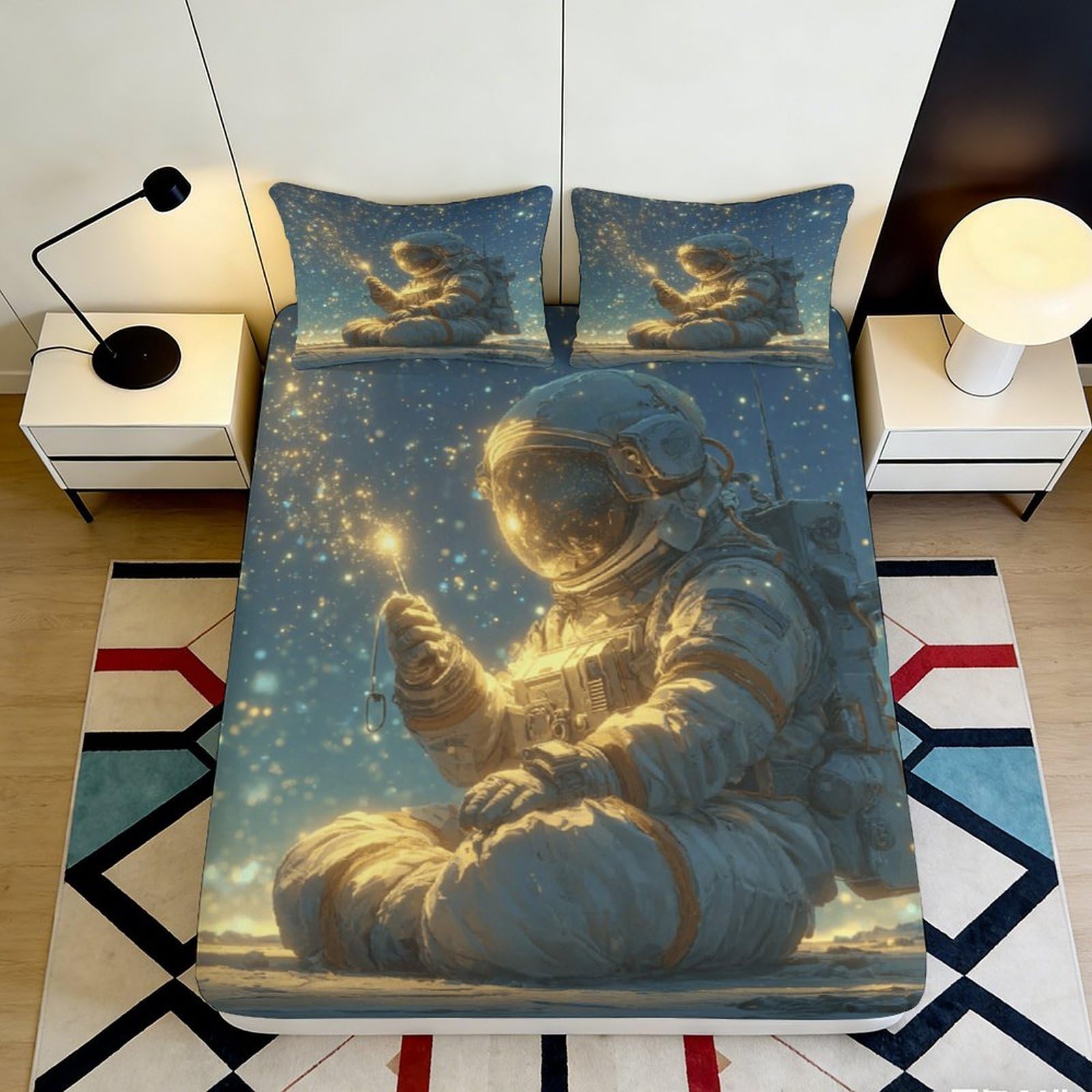 3D Printed Astronaut Fitted Sheet Microfiber Deep Pocket Bedroom Bedding Astronaut Mattress Fitted Cover Non-Slip Washable for Adults Teens 200x200x25cm