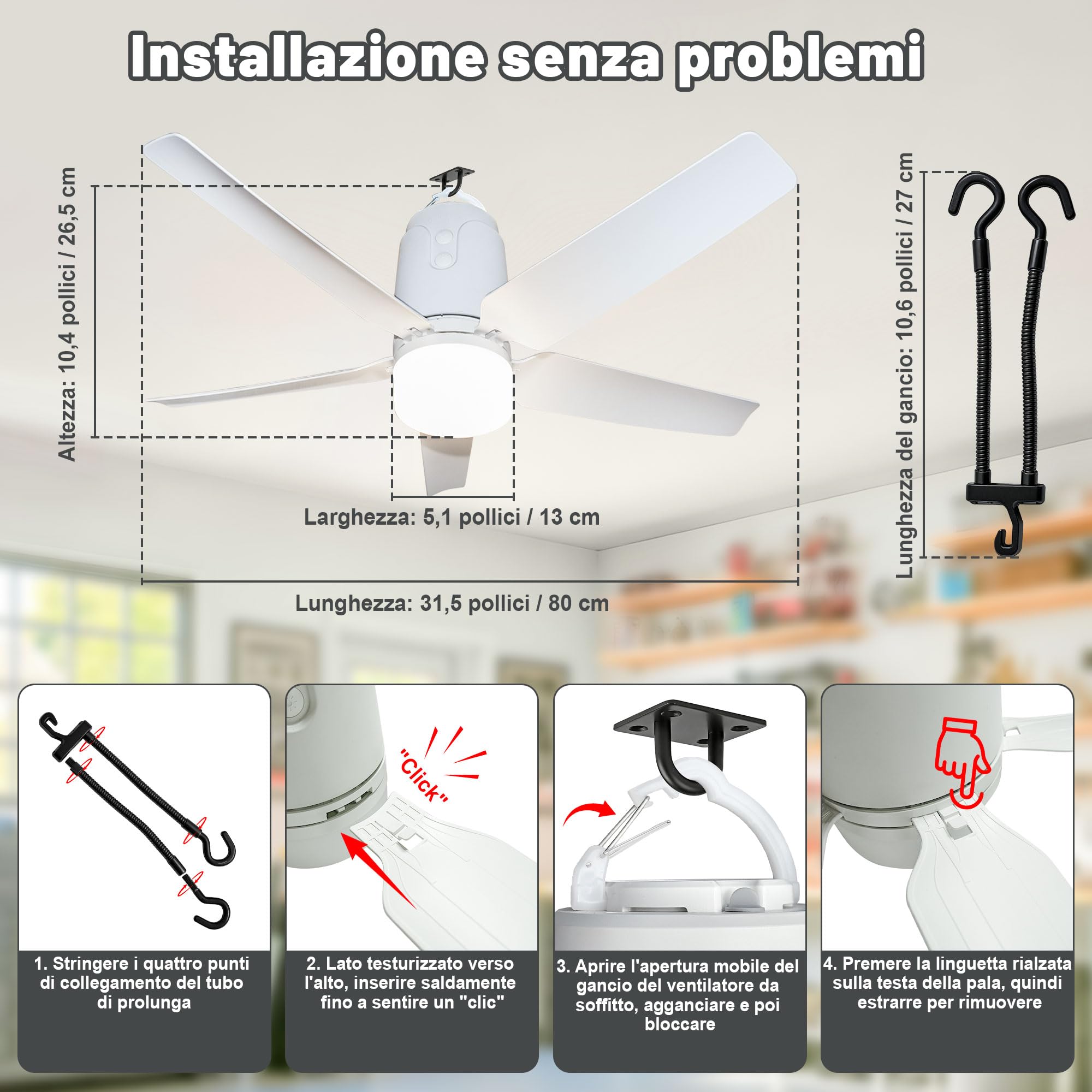 Ventilatore Da Soffitto Con Illuminazione Per Esterni, 40000MAh Batteria, Grande Ventilatore Da Soffitto Portatile Con Luce, 3000K-6000K Dimmerabile, Telecomando Per Esterni, Campeggio, Gazebo (80CM)