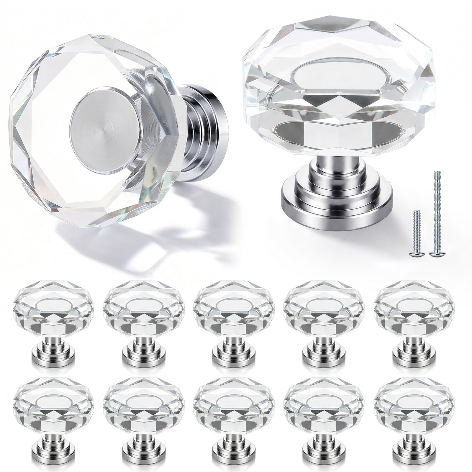 12 Pack 1-1/4 Inch Glass Crystal Cabinet Knobs, Brass Polygon Drawer Pulls — Amazon image 17