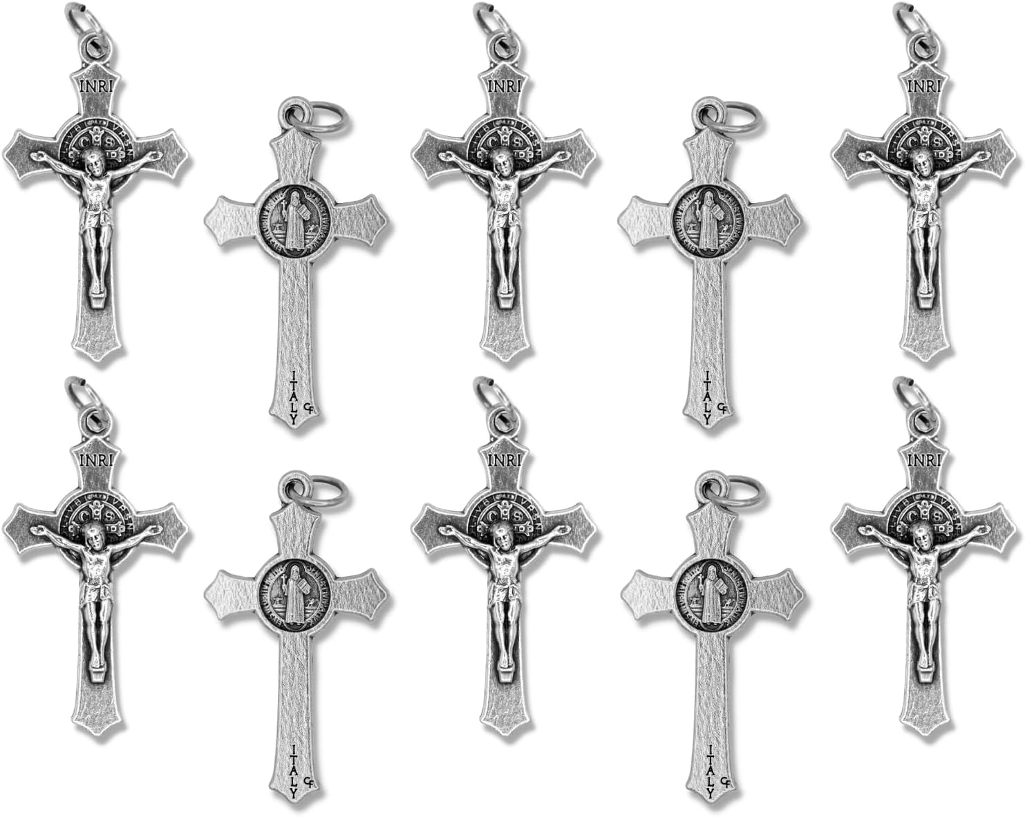 Bulk Pack of 10 - St Benedict Crucifix Cross for Rosary Making - 1.5 Inch Silver Oxidized Crucifix Rosary Part for Catholic Necklace, St Benedict Rosary and Rosary Making Supplies, Made in Italy,
