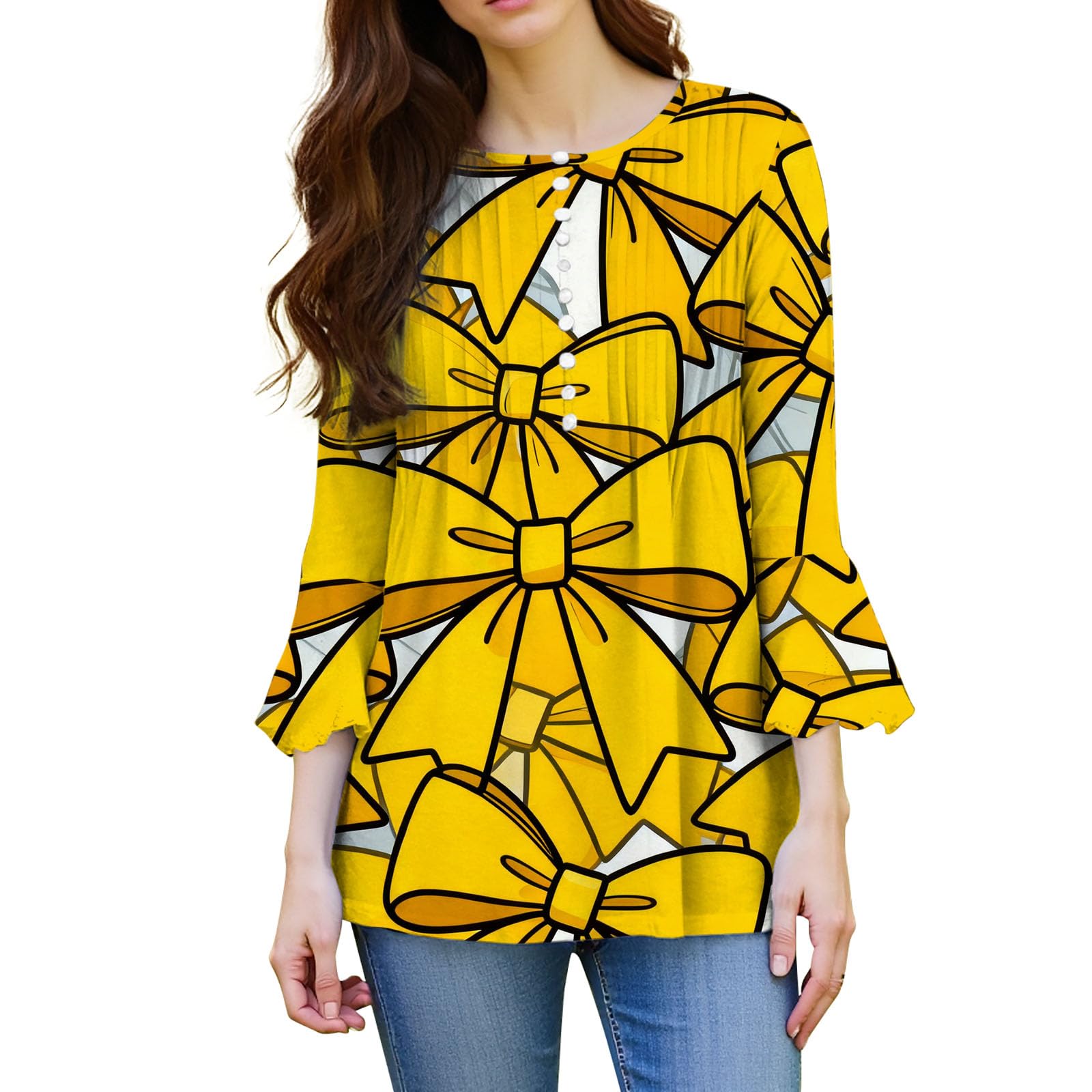 Camicetta a tunica da donna con motivo a fiocco, maniche a 3/4, scollo a V, plissettata sul davanti, vestibilità ampia, estiva, vintage, camicia casual