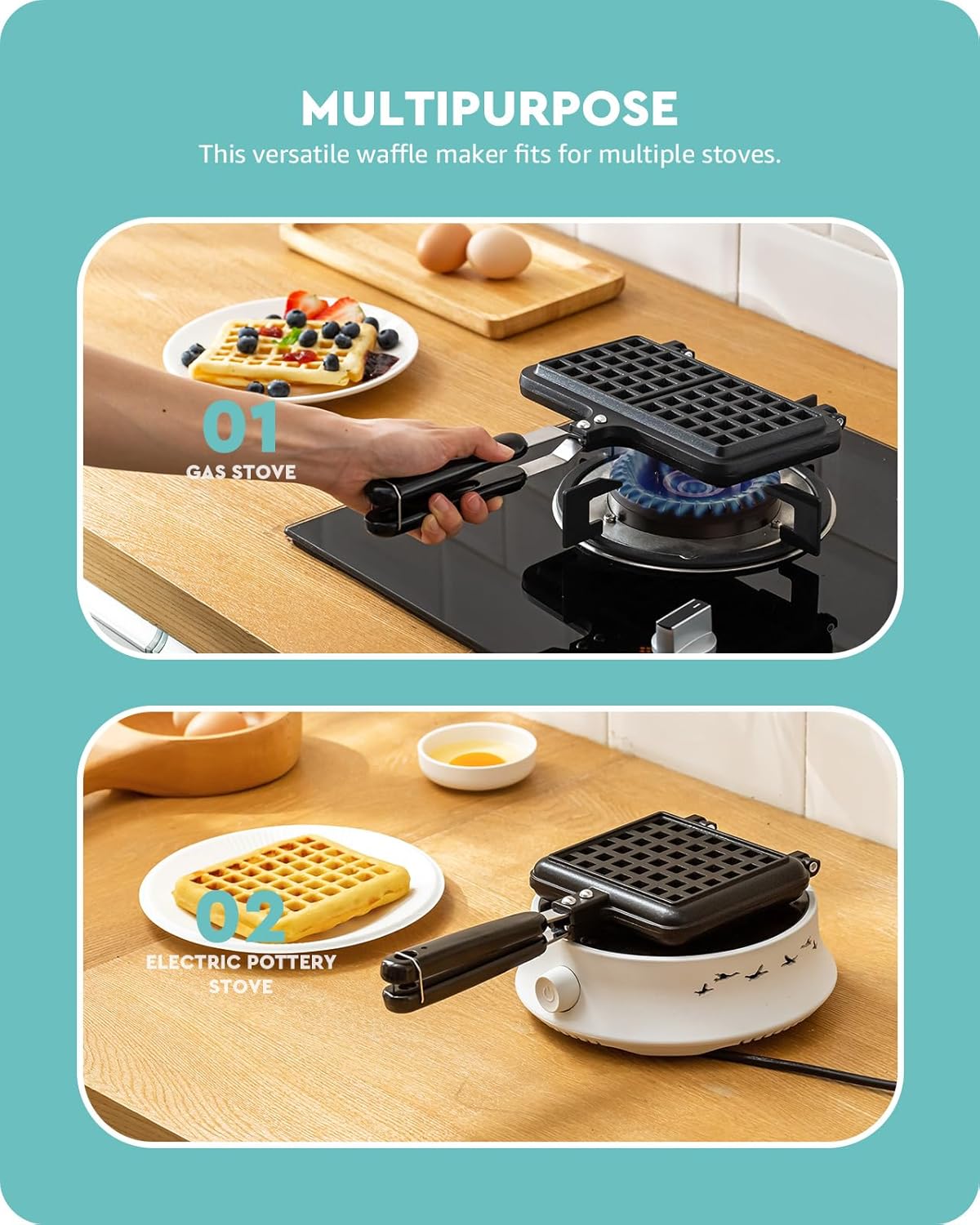Baffect Non-stick Cast Aluminum Stovetop Waffle Iron, 8.7 Inches Camping Waffle Maker Pan, Portable Stove Top Aluminum Waffle Maker Pan for Family Breakfast Baking