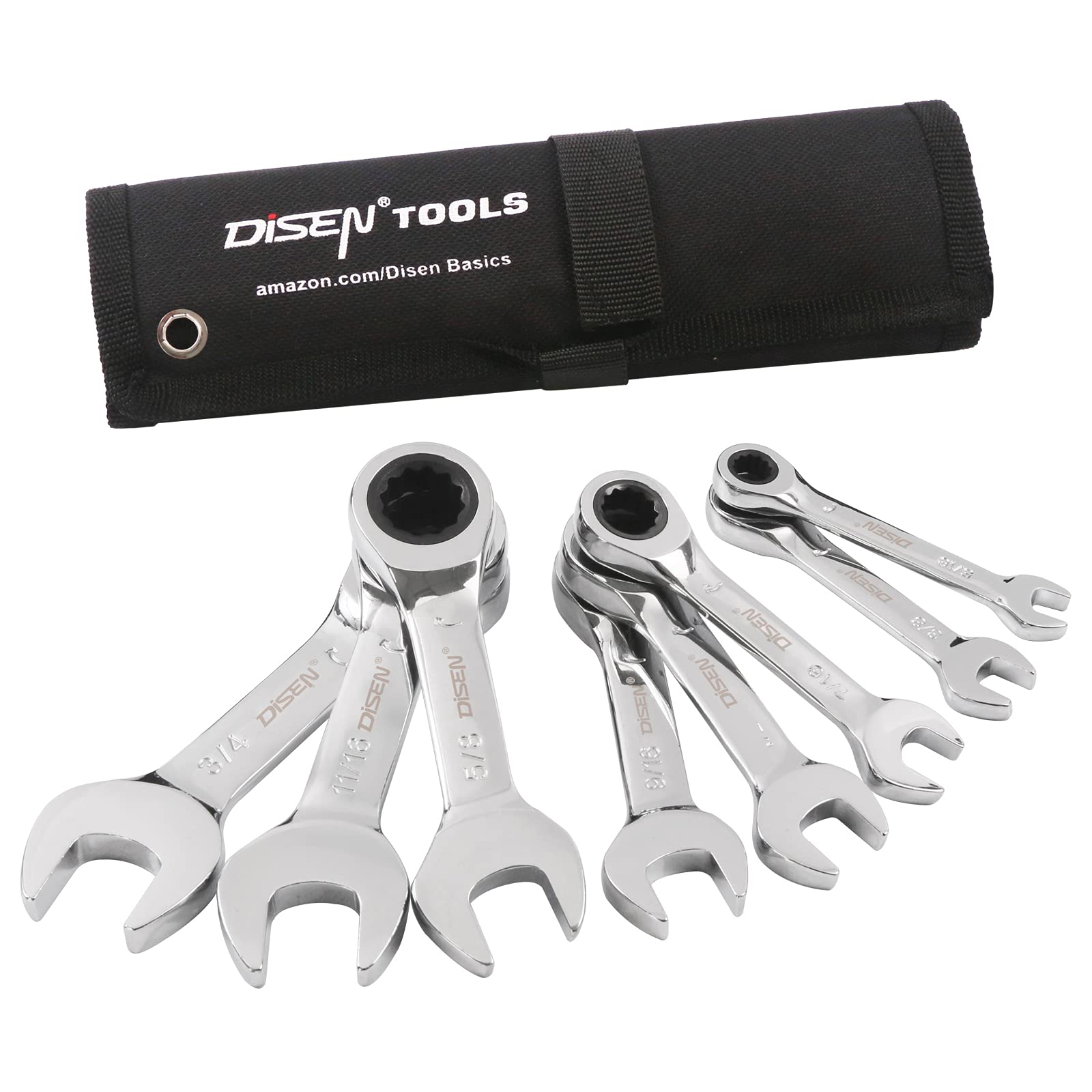 DISEN 8pcs Stubby Ratcheting Wrenches Set, 5/16Inch - 3/4Inch Stubby Ratchet Wrench Set SAE with Roll-up Pouch, 12 Point, 72 Teeth, CR-V Steel