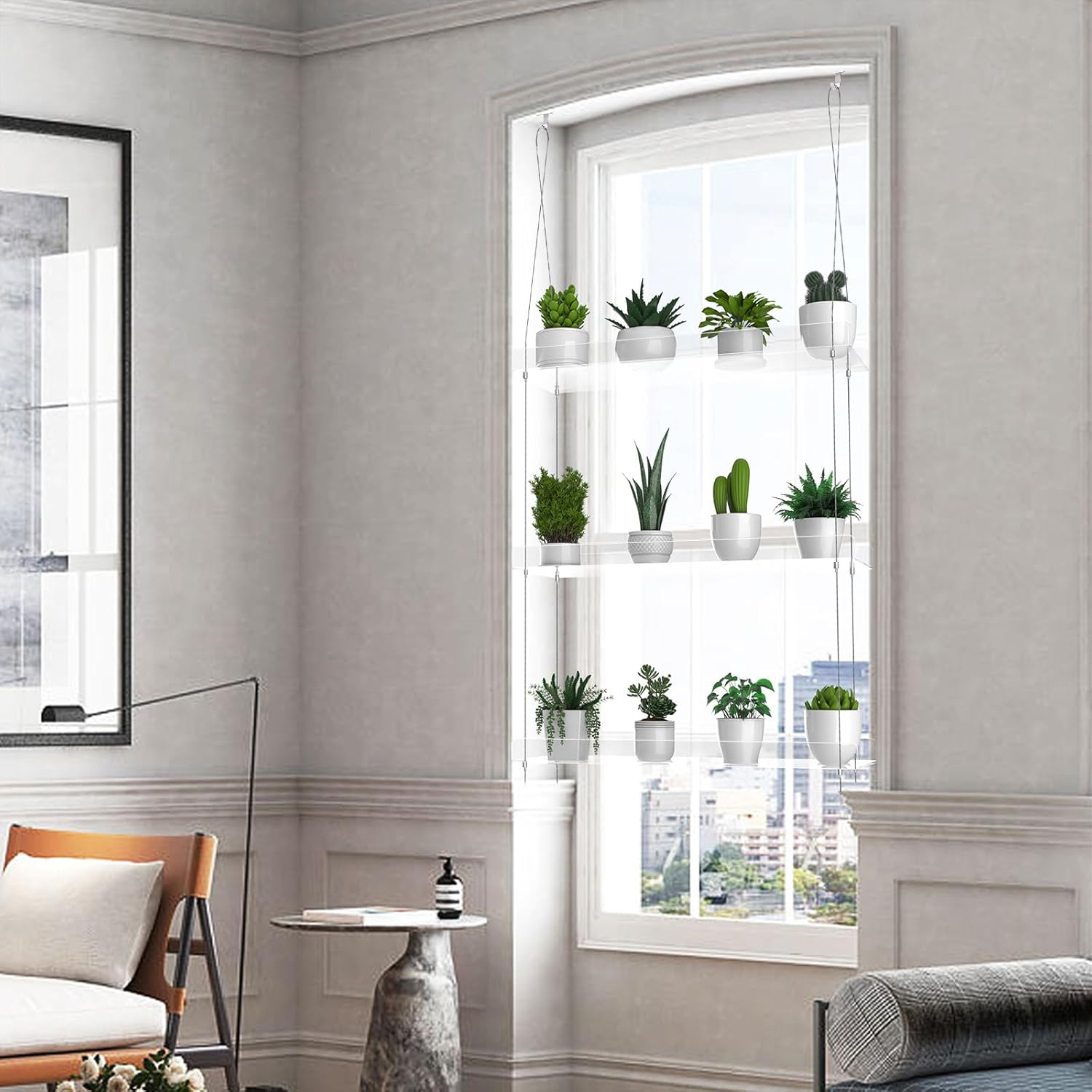 3-Tier Hanging Clear Plant Shelves for Windows, Acrylic Window Wall Plant Stand Shelf for Kitchen Indoor Gardens, Flower, Herb, Seedling Organization, and Pots Display, 16 Inch per Tier | for Windows, Window Wall, for Kitchen, Indoor Gardens, Flower, Succulents