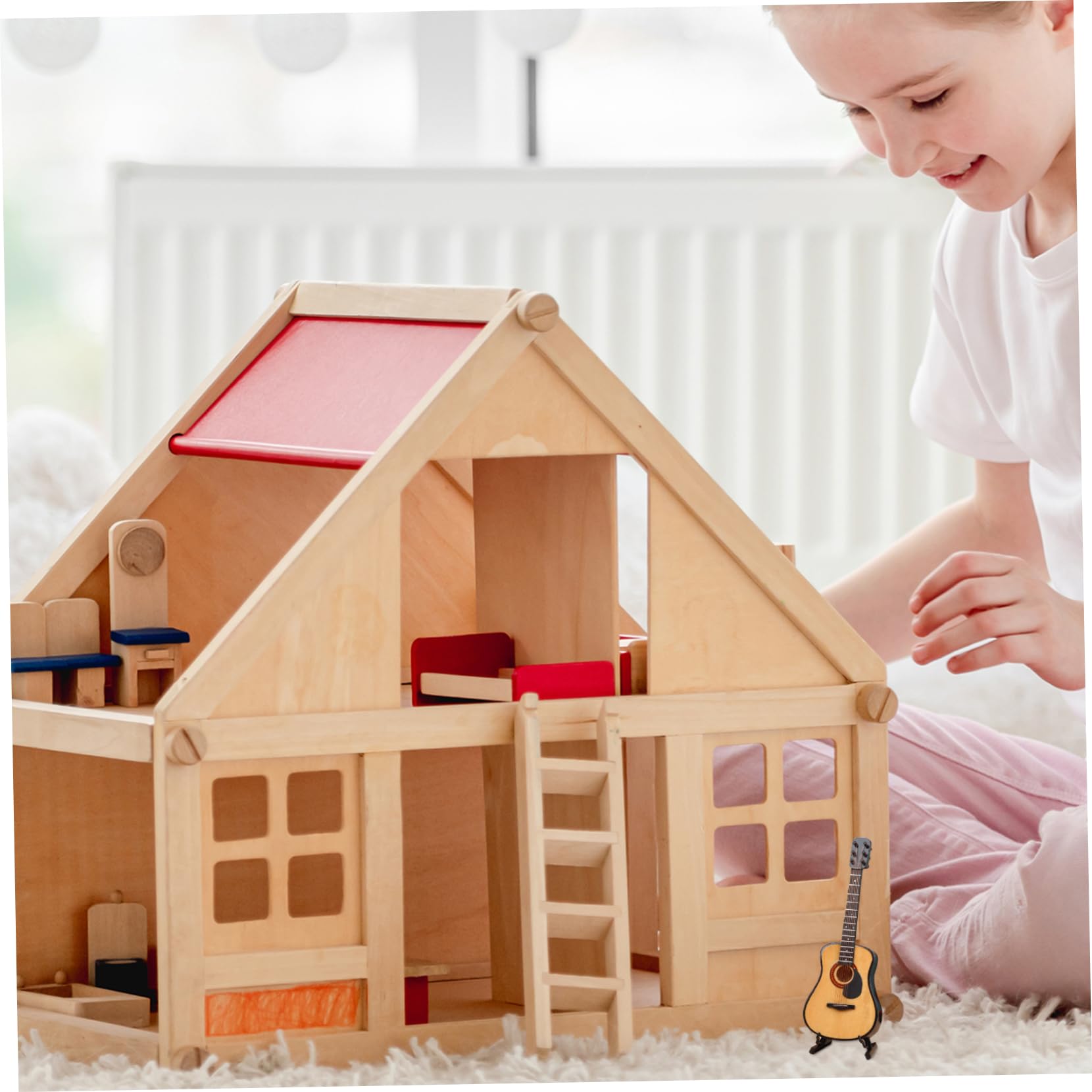 Seawoo Guitare Miniature En Bois Avec Support Et étui - Réplique D' Instrument De Musique - Modèle De Maison De Poupée Miniature De Collection - Décoration D'intérieur (guitare Acoustique : Avec