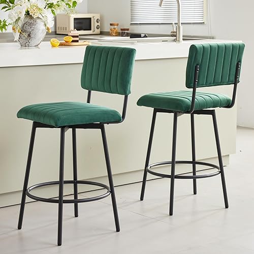 Miniatura 15 de Taburete de bar giratorio de altura de mostrador con respaldo, taburete tapizado de 26 pulgadas con marco de metal, respaldo de asiento de canal,