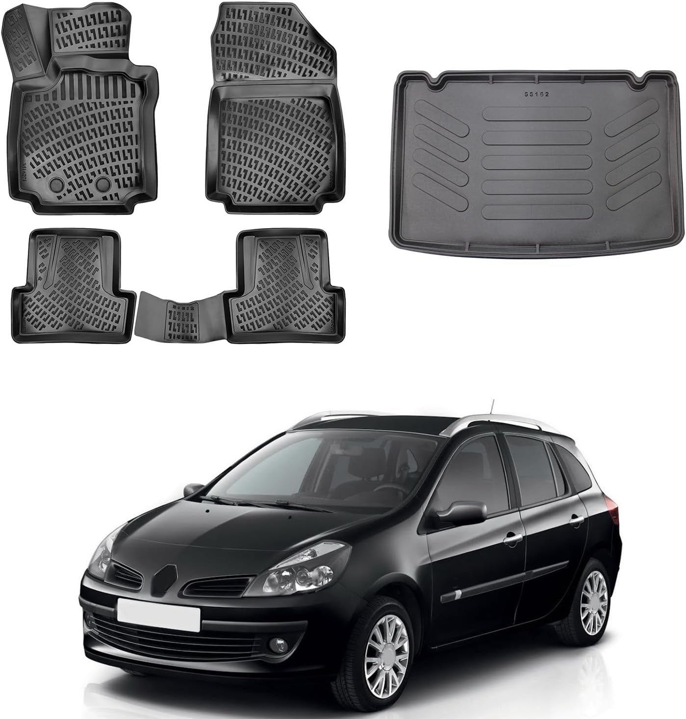 Floor Mats & Cargo Liner Set for Renault Clio 3 2005-2012 | Black TPE All Weather Custom Fit Floor Liner for 1st 2nd Rows and Trunk Car Mats