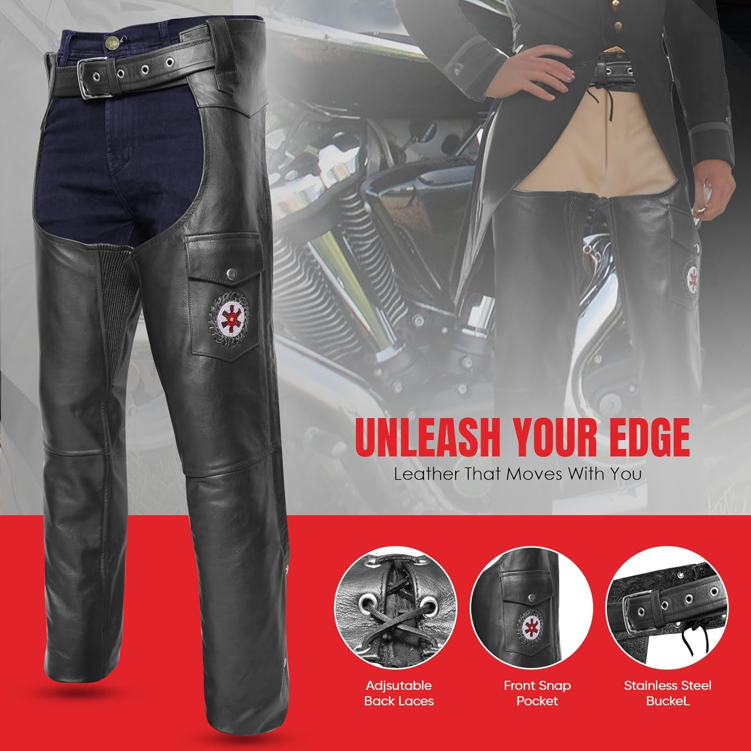 Motorcycle Leather Chaps for Men and Women, Black Riding Chaps for Road Rash Protection and All-Weather Comfort - Image 4