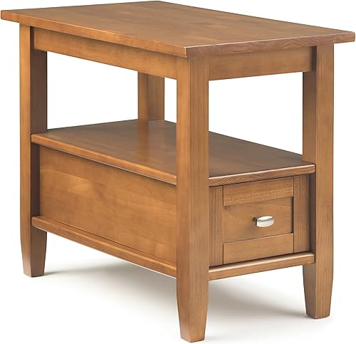 SIMPLIHOME Mesa auxiliar cálida de madera maciza de 14 pulgadas de ancho rectangular de transición estrecha en marrón dorado claro
