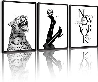 Black and White Leopard Wall Art Modern Fashion Canvas Wall decor Woman High Heels and New York Typography Poster Prints Minimalist Chic Artwork for Living Room Bedroom Office Decor unframed 12inx16in