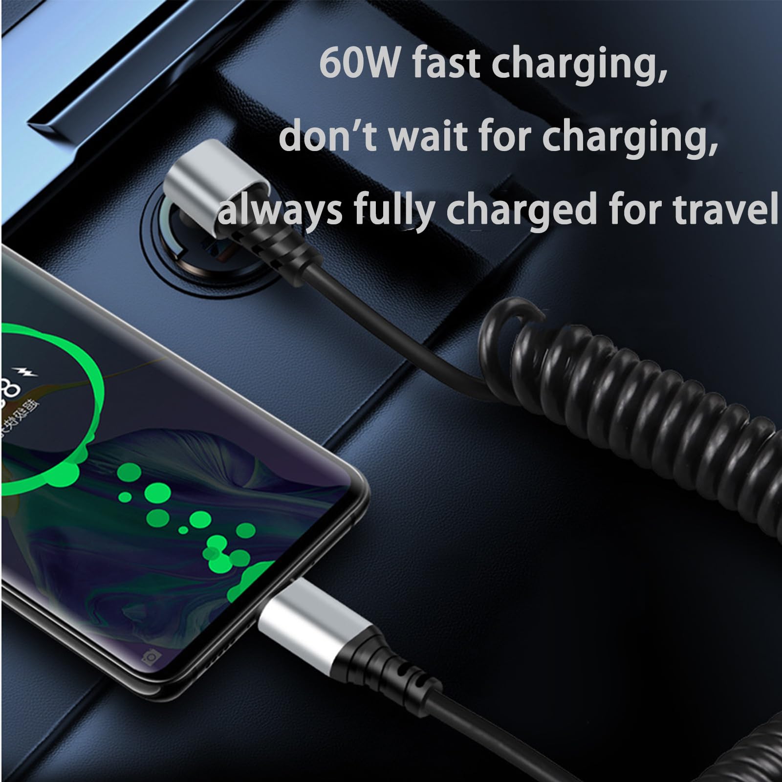 Cavo a spirale da USB C a USB C da 60 W, cavo USB-C a 90 gradi per auto, spirale a molla retrattile, cavo di ricarica di tipo C con sincronizzazione dati, compatibile con i-Phone 16 15 Plus/Pro/Pro