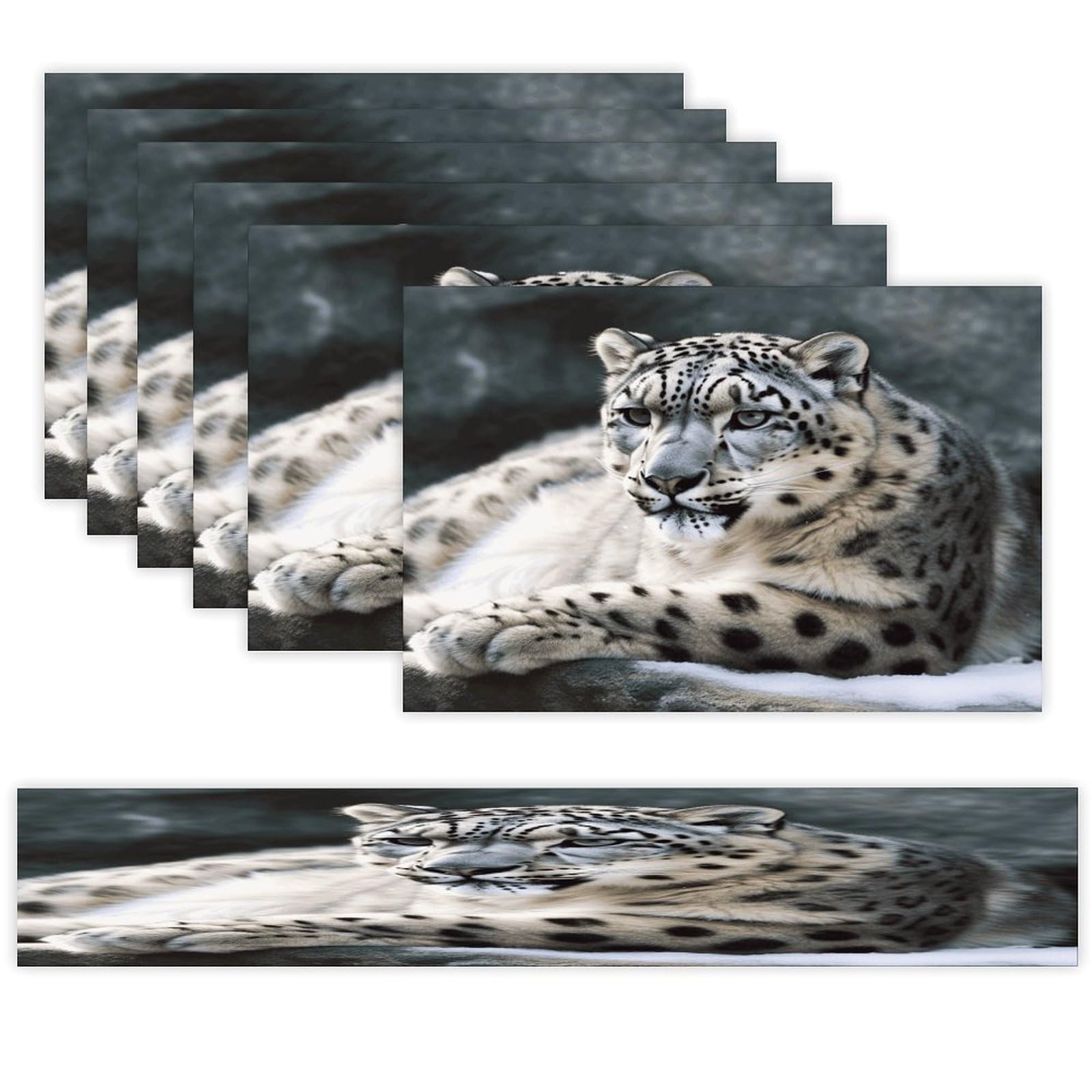 Snow Leopard Table Runner and Placemats Set of 6 for Kitchen Washable Table Mats Heat Resistant Place Mats Non-Slip Place Mat Wipeable Placemat(6 Placemats+1 Table Runner)