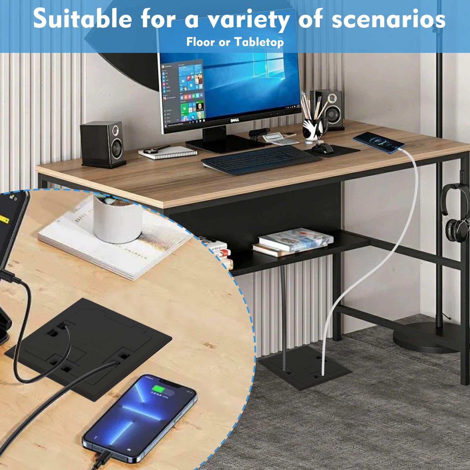 Kit de enchufe oculto plano empotrable para el suelo, panel de enchufe de suelo con 20 A, 2 CA + 2 USB + 1 tipo C + 2 LAN caja de salida de piso de carga empotrada (negro-2 USB + tipo C)