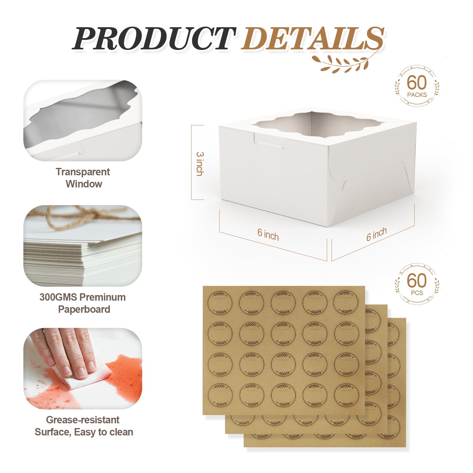 WUHUIXOZ 60 Pcs Cookie Boxes 6 x 6 x 3 Inche, White Bakery Boxes with Clear Window for Donuts Muffins, Cookies, Macaron, Pastry - Image 2