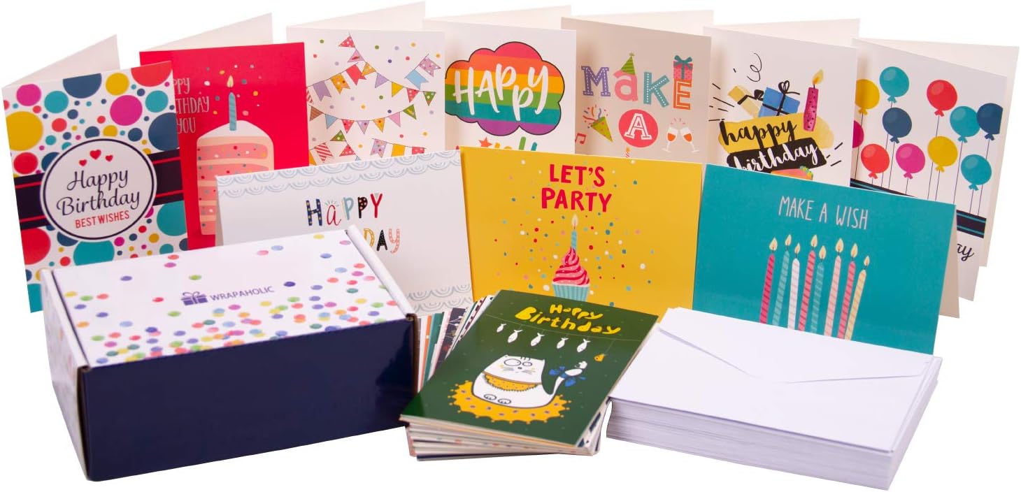WRAPAHOLIC 48 Birthday Cards Assortment Bulk - Assorted Birthday Blank Note Cards with White Envelopes for Birthday, 4x6 Inch