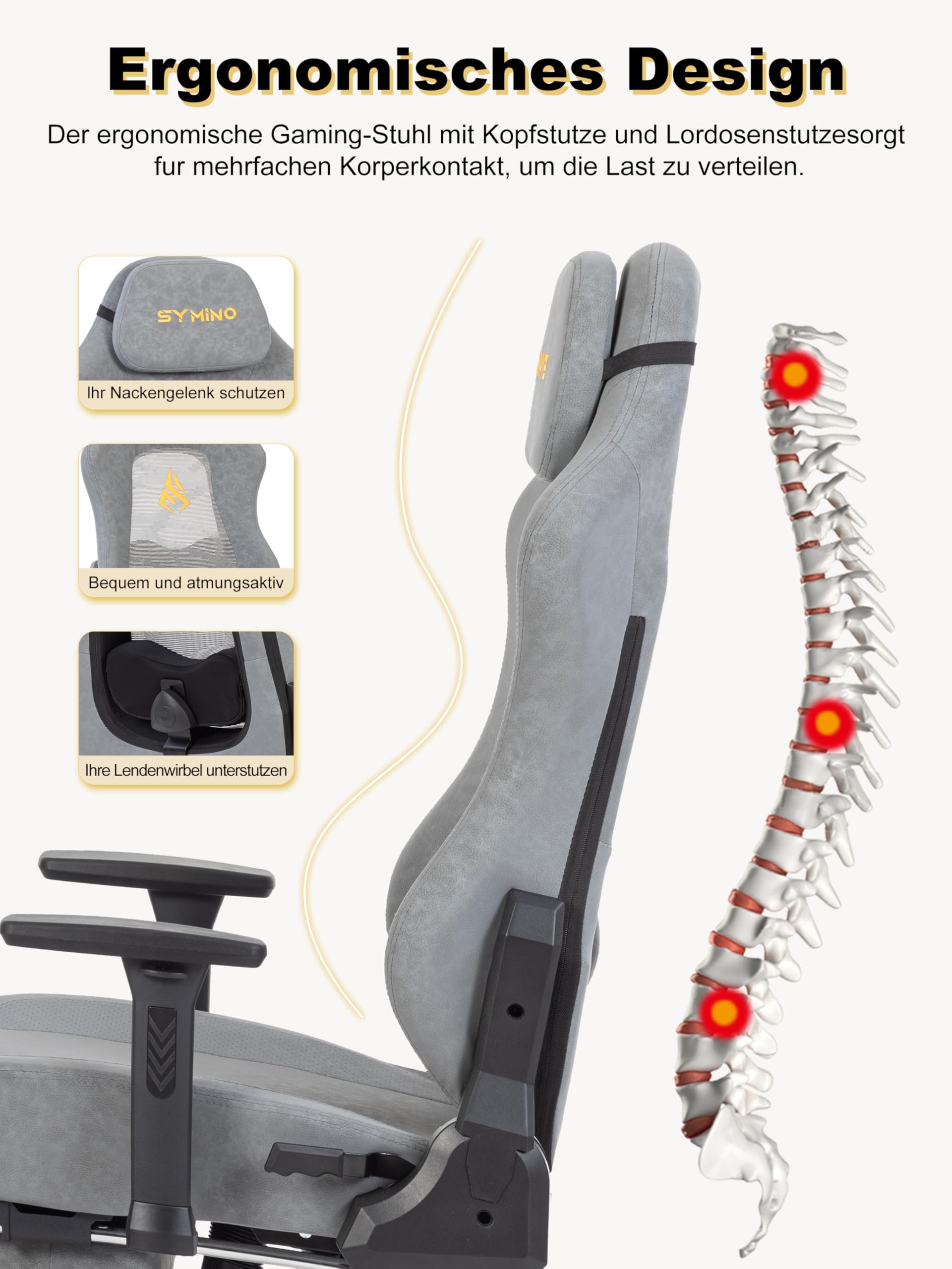 Symino Silla de Gamer Ergonómica, Silla Gaming con Soporte Lumbar Reposapiés, Silla de Oficina Ajustable y Giratoria Capacidad de Carga 150kg