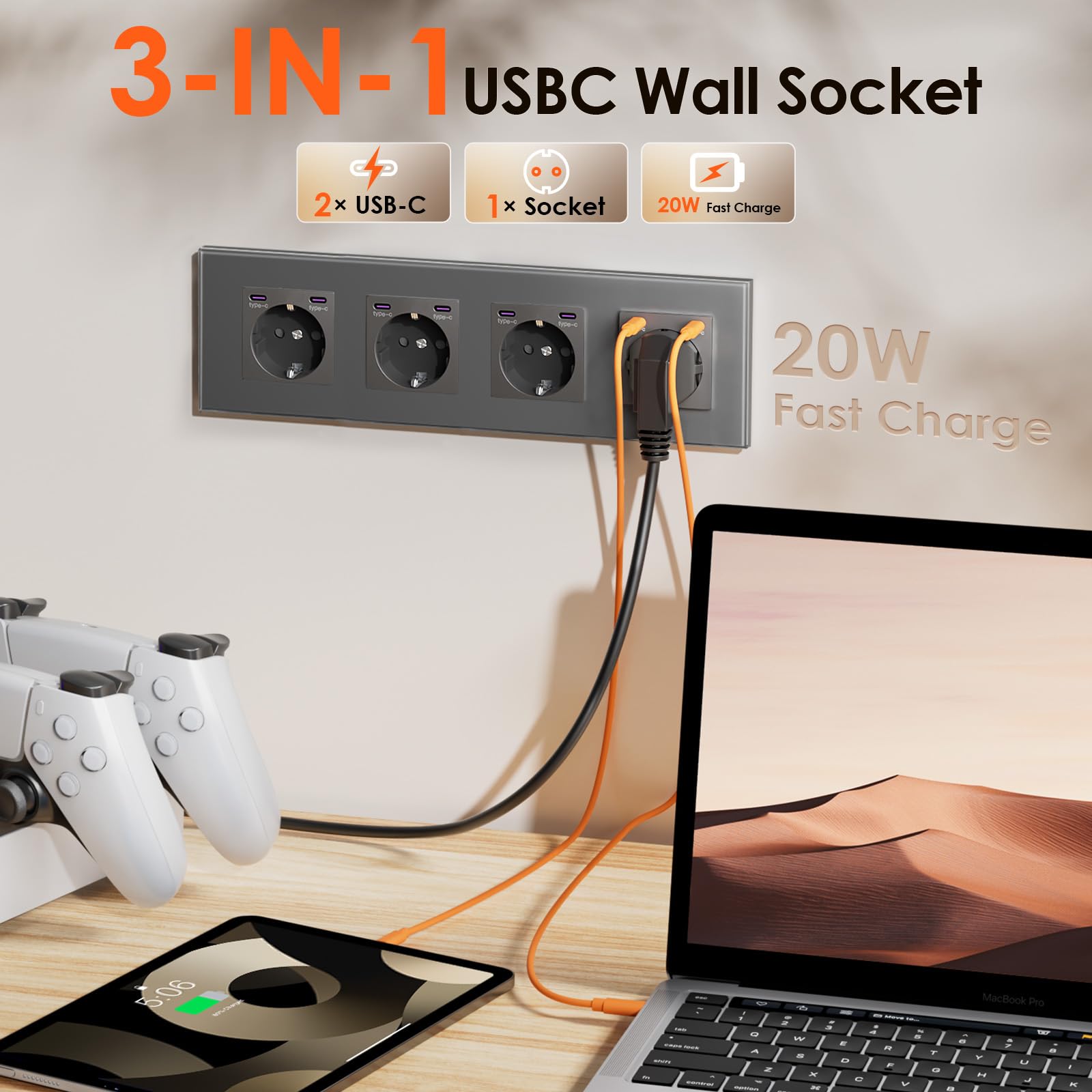 BSEED gniazdo Schuko z ładowaczem szybkim Type C 20W, gniazdo Type C + Type C podtynkowe, 4-fakowe gniazdo ścienne zgodne ze standardem UE z szklaną płytką, 299mm, czarne
